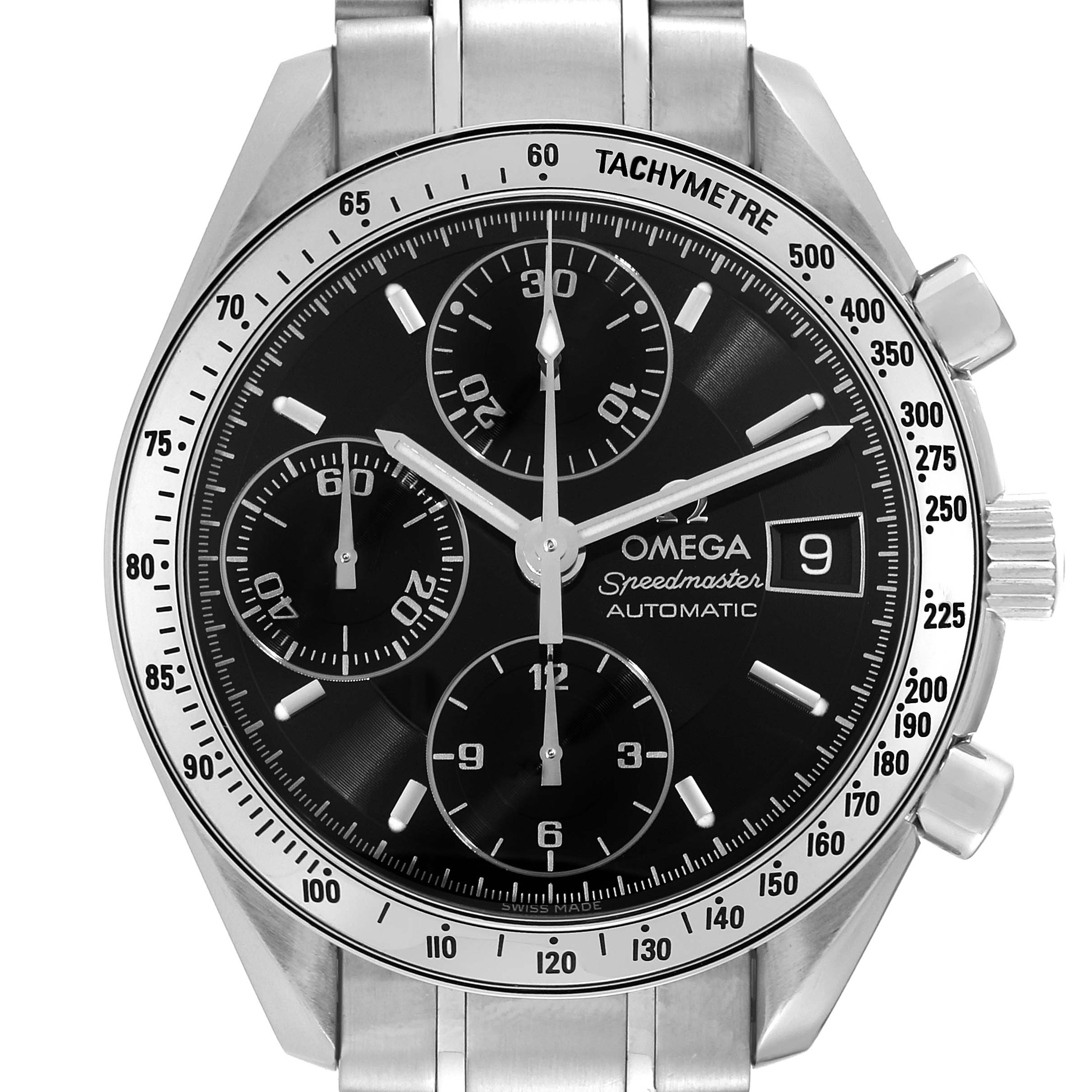 The image shows the face of the Omega Speedmaster 3513.50.00 Men
s Stainless Steel Black Dial 3513.50.00 Men
s Stainless Steel Black Dial watch from a straight-on angle, highlighting the dial, subdials, tachymeter, and date window.