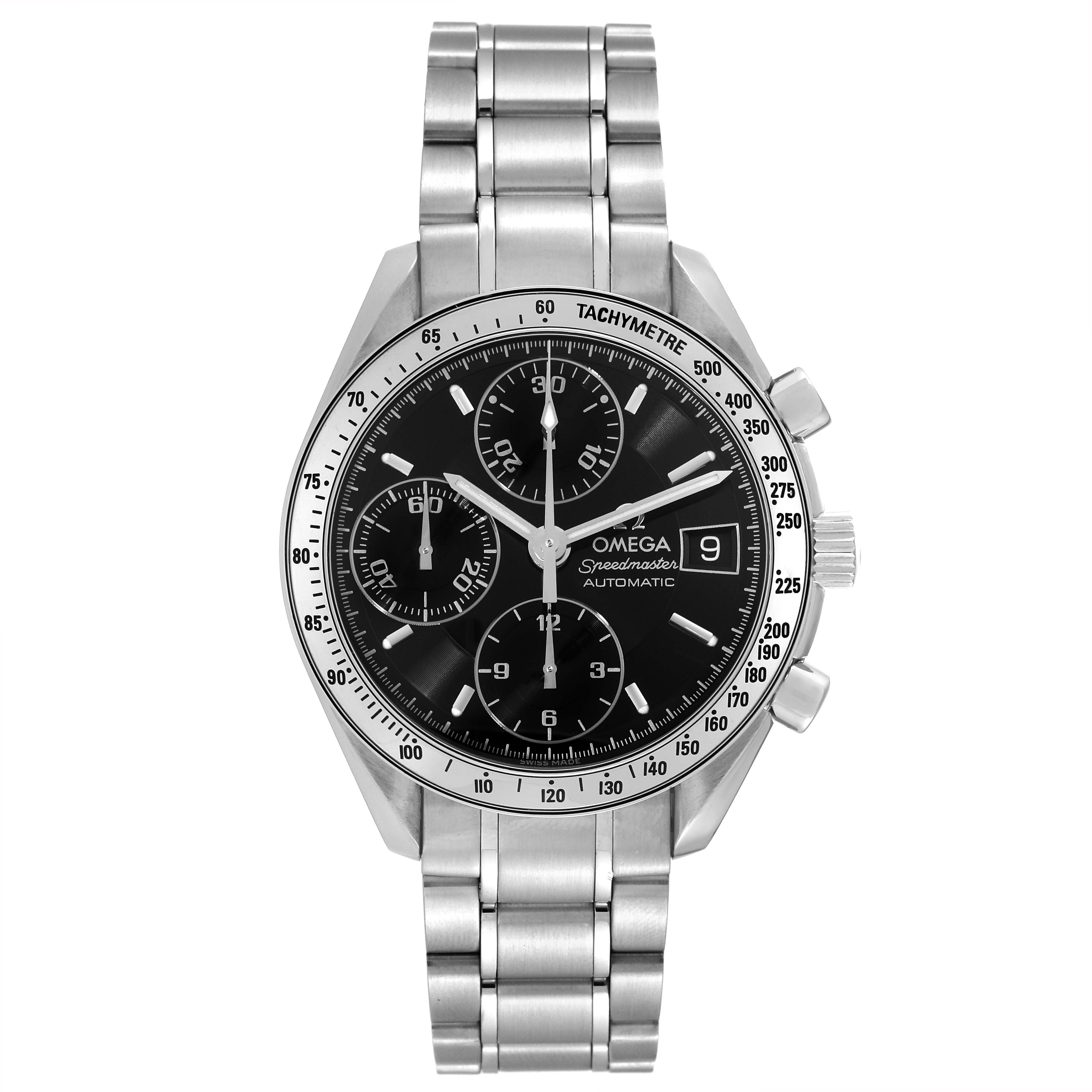 The image shows a front view of the Omega Speedmaster 3513.50.00 Men
s Stainless Steel Black Dial 3513.50.00 Men
s Stainless Steel Black Dial watch, featuring its dial, subdials, tachymeter bezel, and metal bracelet.