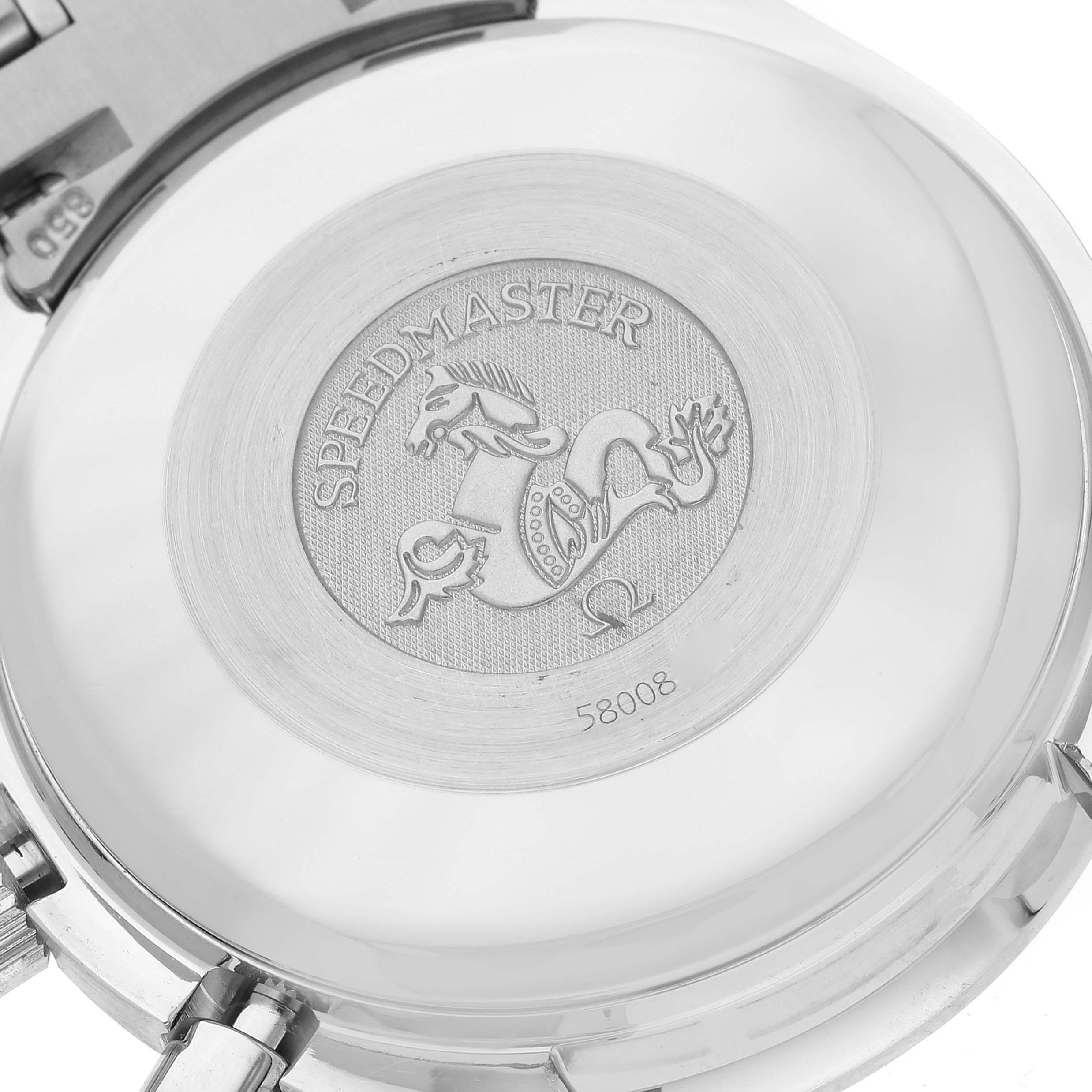 This image shows the case back of an Omega Speedmaster 3513.50.00 Men
s Stainless Steel Black Dial 3513.50.00 Men
s Stainless Steel Black Dial watch, featuring its engravings and logo.