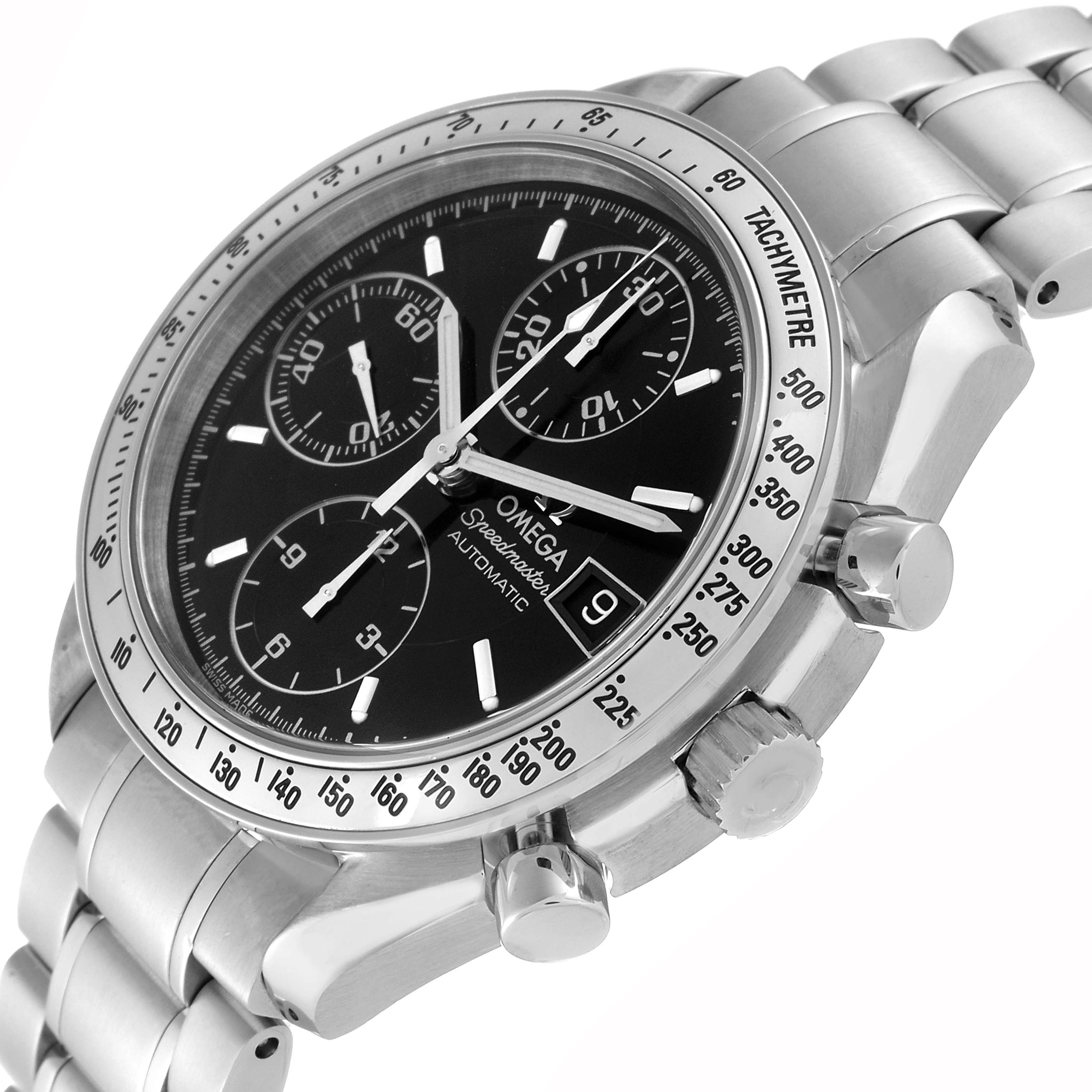 The Omega Speedmaster 3513.50.00 Men
s Stainless Steel Black Dial 3513.50.00 Men
s Stainless Steel Black Dial watch is shown from a slightly tilted angle, highlighting its face, bezel, and bracelet.