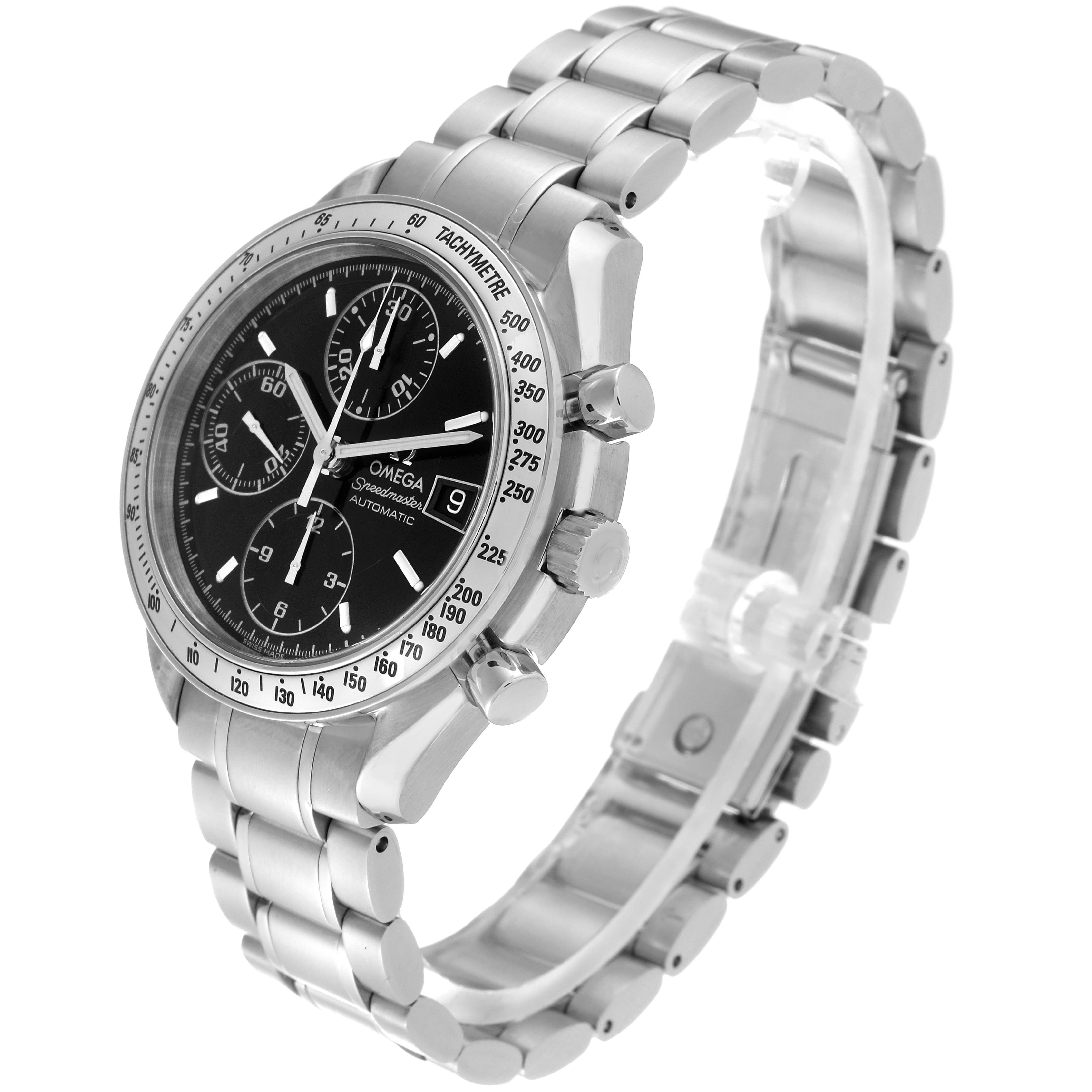 The Omega Speedmaster 3513.50.00 Men
s Stainless Steel Black Dial 3513.50.00 Men
s Stainless Steel Black Dial watch is shown at a side angle, highlighting its stainless steel band and detailed dial.