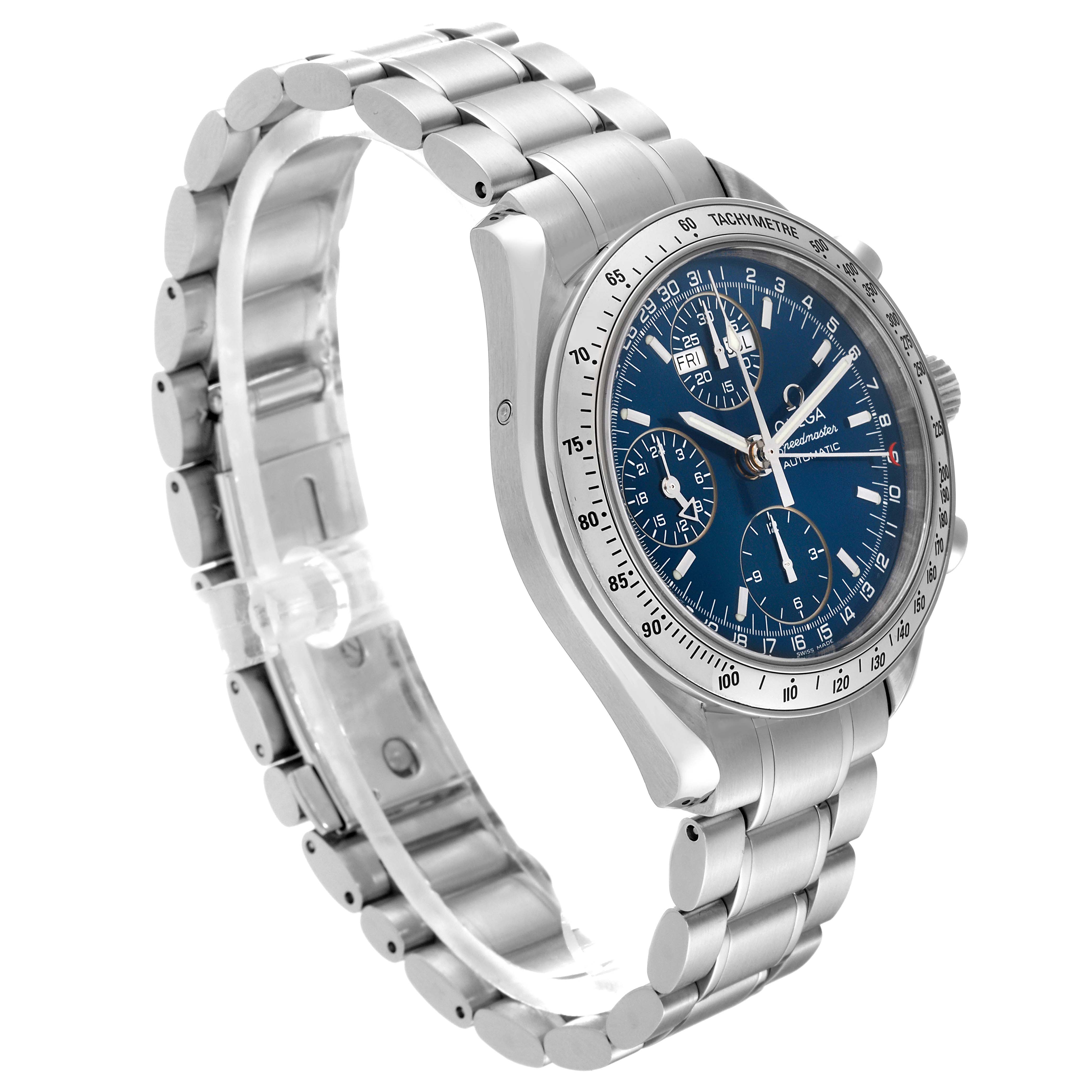 The Omega Speedmaster 3523.80.00 Men
s Stainless Steel Blue Dial 3523.80.00 Men
s Stainless Steel Blue Dial watch is shown at a three-quarter angle, highlighting the face, bezel, and metal bracelet.