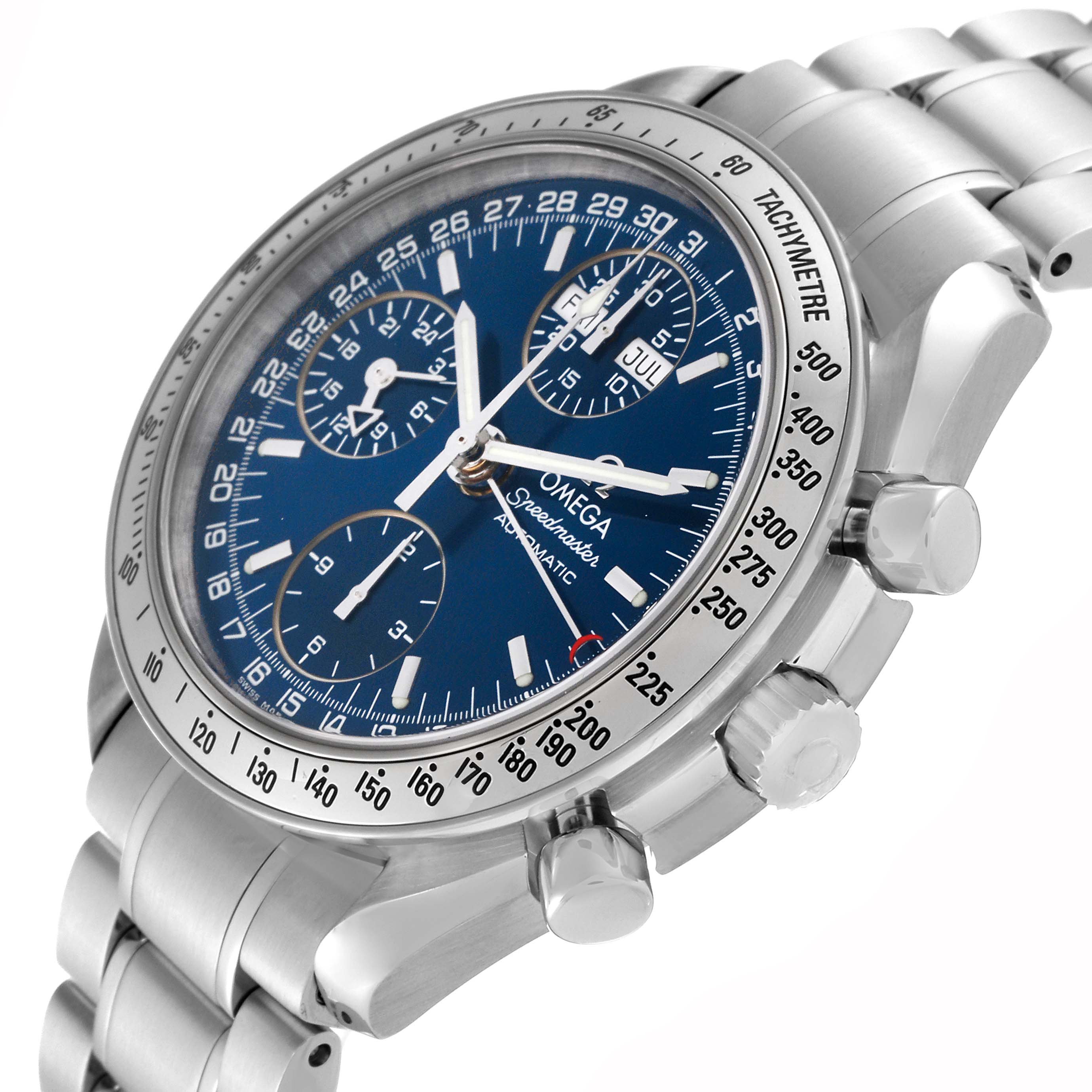The Omega Speedmaster 3523.80.00 Men
s Stainless Steel Blue Dial 3523.80.00 Men
s Stainless Steel Blue Dial watch is shown at an angle showcasing the dial, bezel, pushers, crown, and stainless steel bracelet.