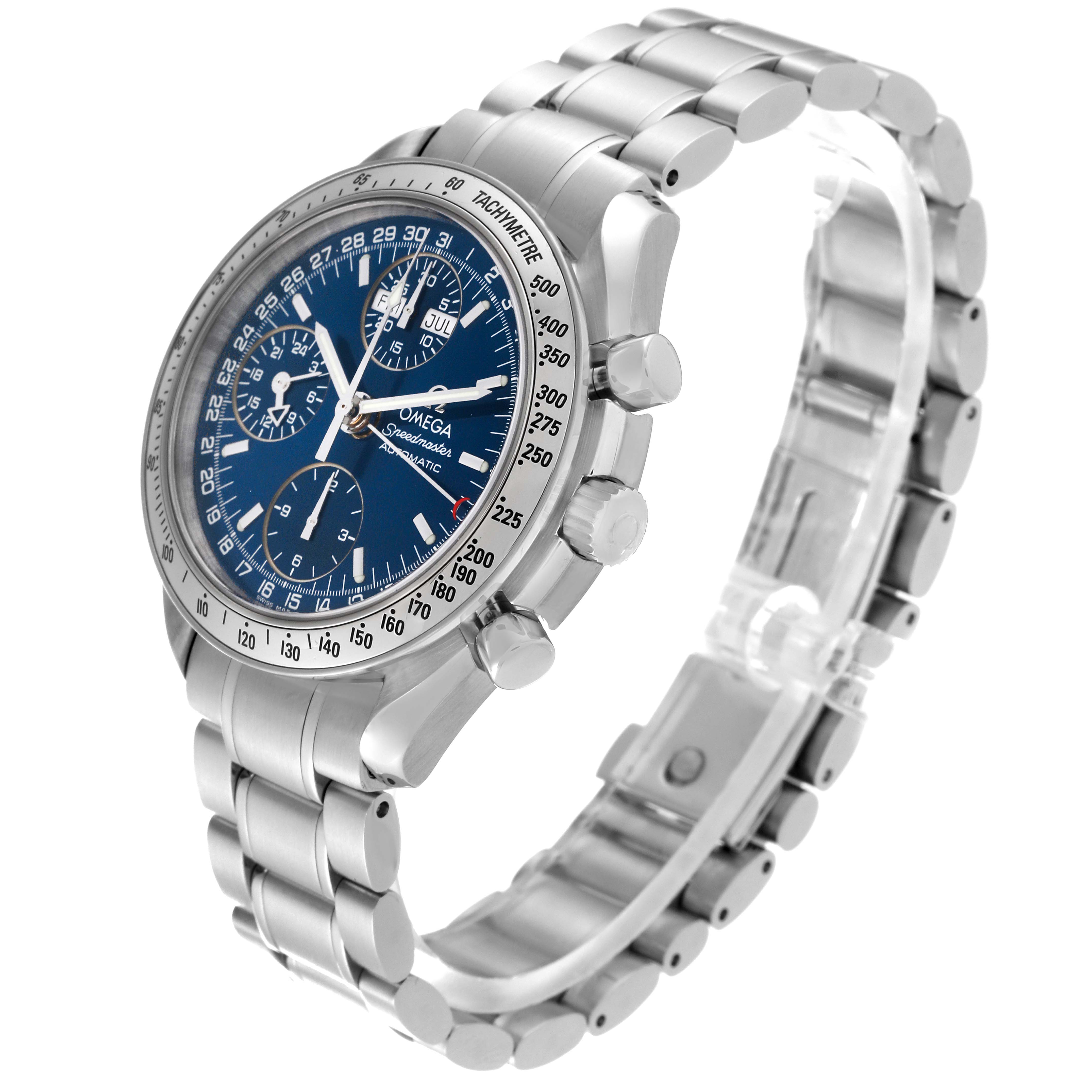 The Omega Speedmaster 3523.80.00 Men
s Stainless Steel Blue Dial 3523.80.00 Men
s Stainless Steel Blue Dial watch is shown at a three-quarter angle, highlighting the face, bezel, and metal bracelet.