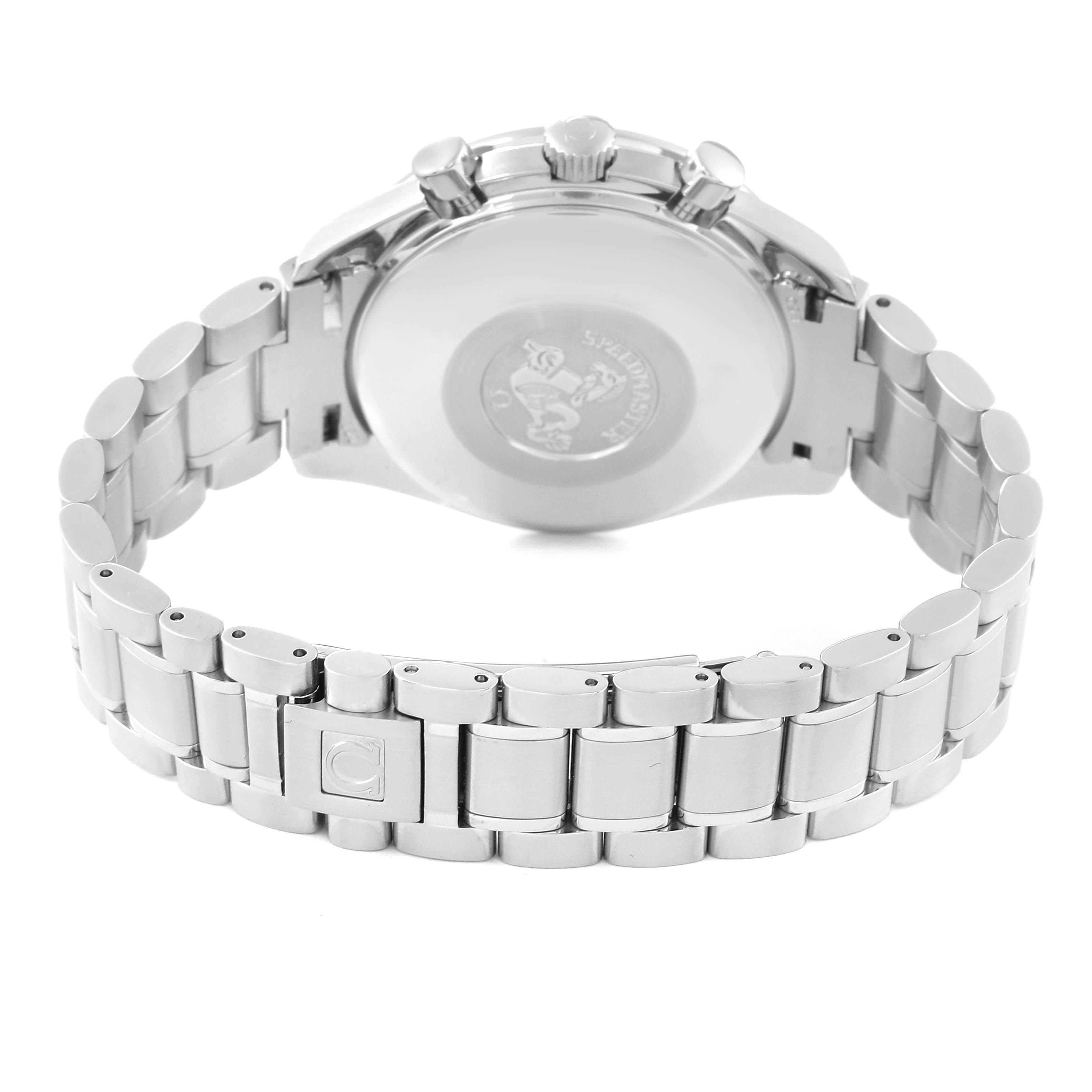 The image shows the back case and stainless steel bracelet of an Omega Speedmaster 3523.80.00 Men
s Stainless Steel Blue Dial 3523.80.00 Men
s Stainless Steel Blue Dial watch.