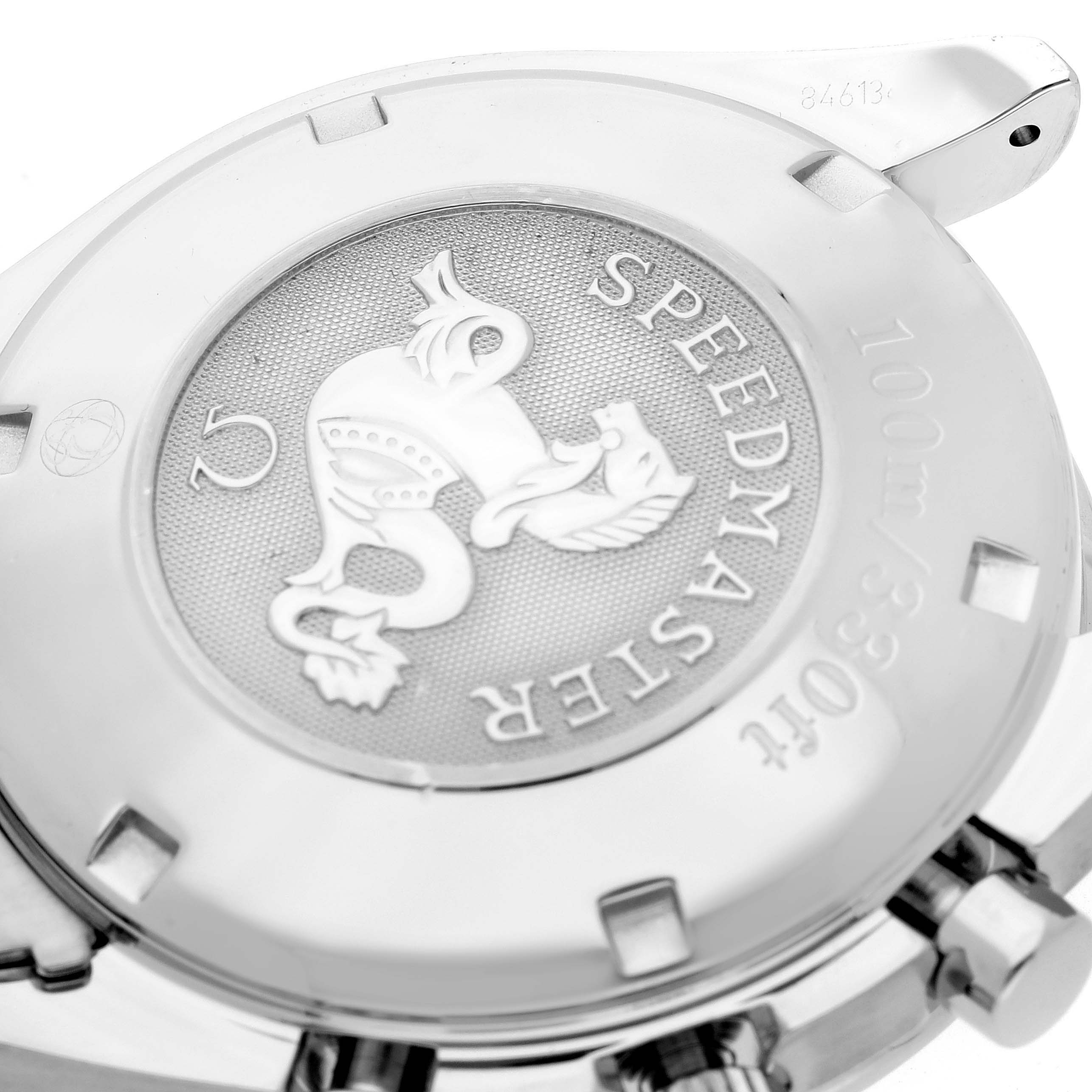 The image shows the case back of the Omega Speedmaster 3222.80.00 Men
s Stainless Steel Blue Dial 3222.80.00 Men
s Stainless Steel Blue Dial watch, highlighting the intricate engraving and water resistance details.