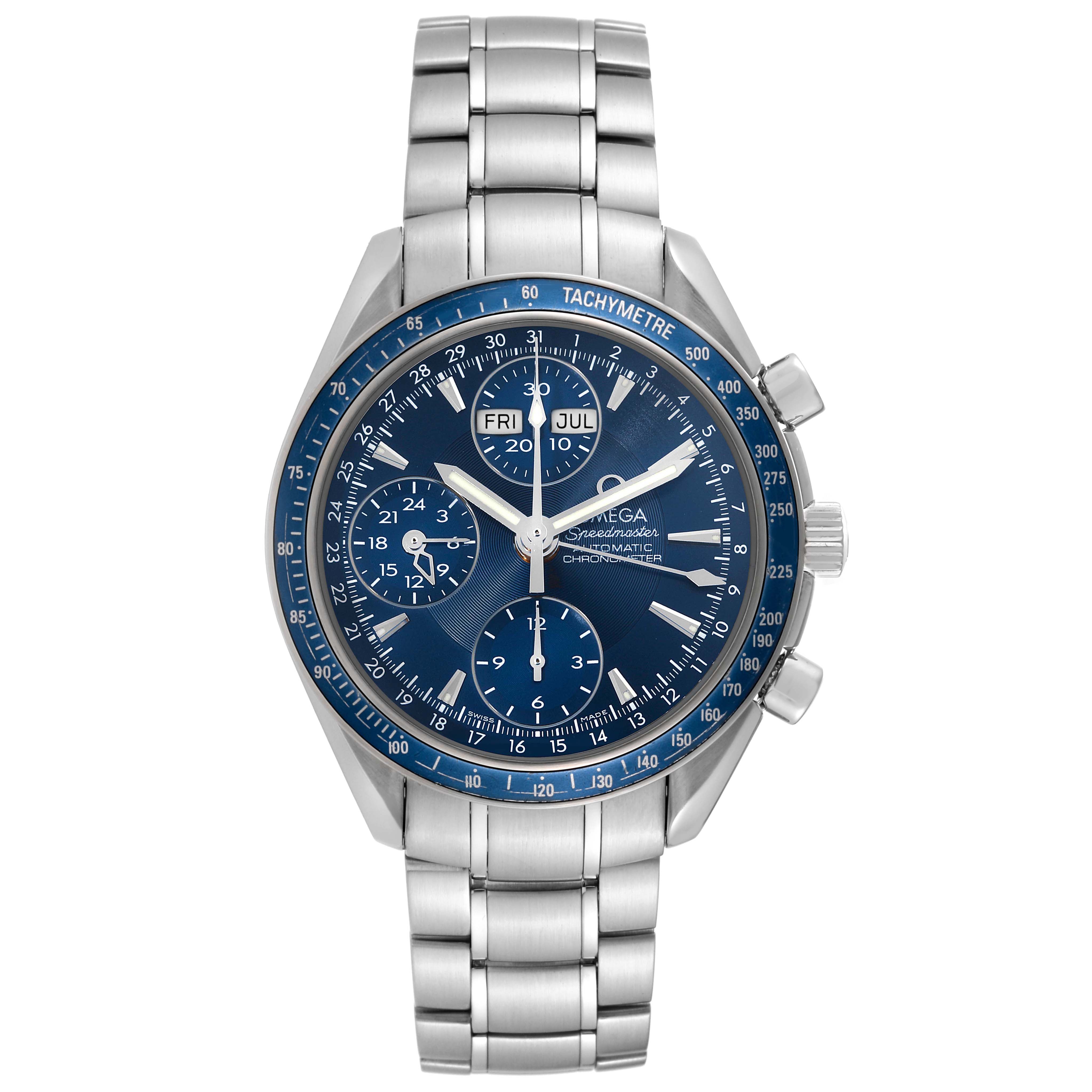 The image shows a frontal view of an Omega Speedmaster 3222.80.00 Men
s Stainless Steel Blue Dial 3222.80.00 Men
s Stainless Steel Blue Dial watch, displaying its face, bezel, and bracelet.