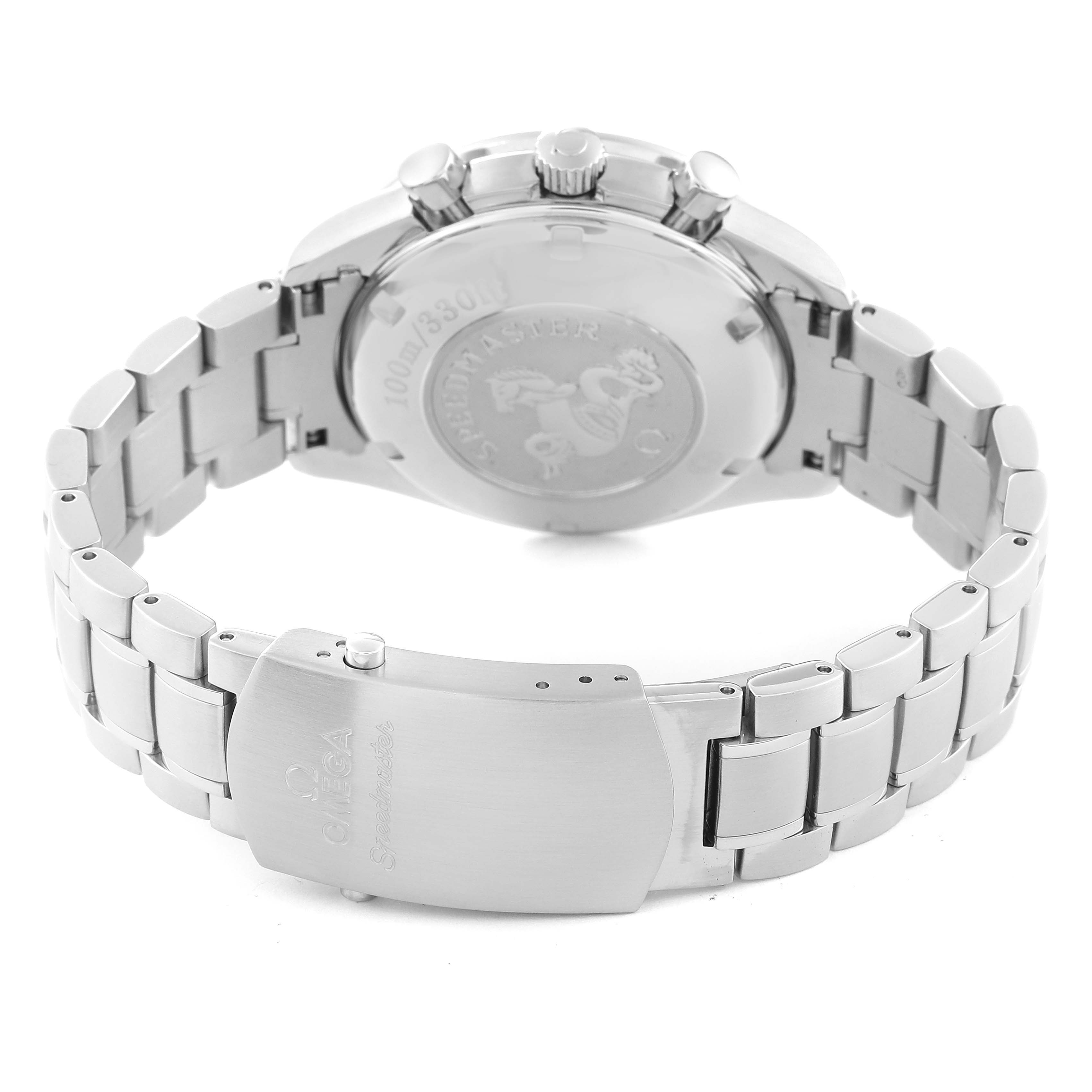 This image shows the back of an Omega Speedmaster 3222.80.00 Men
s Stainless Steel Blue Dial 3222.80.00 Men
s Stainless Steel Blue Dial watch, focusing on the bracelet and clasp, with some case back details visible.