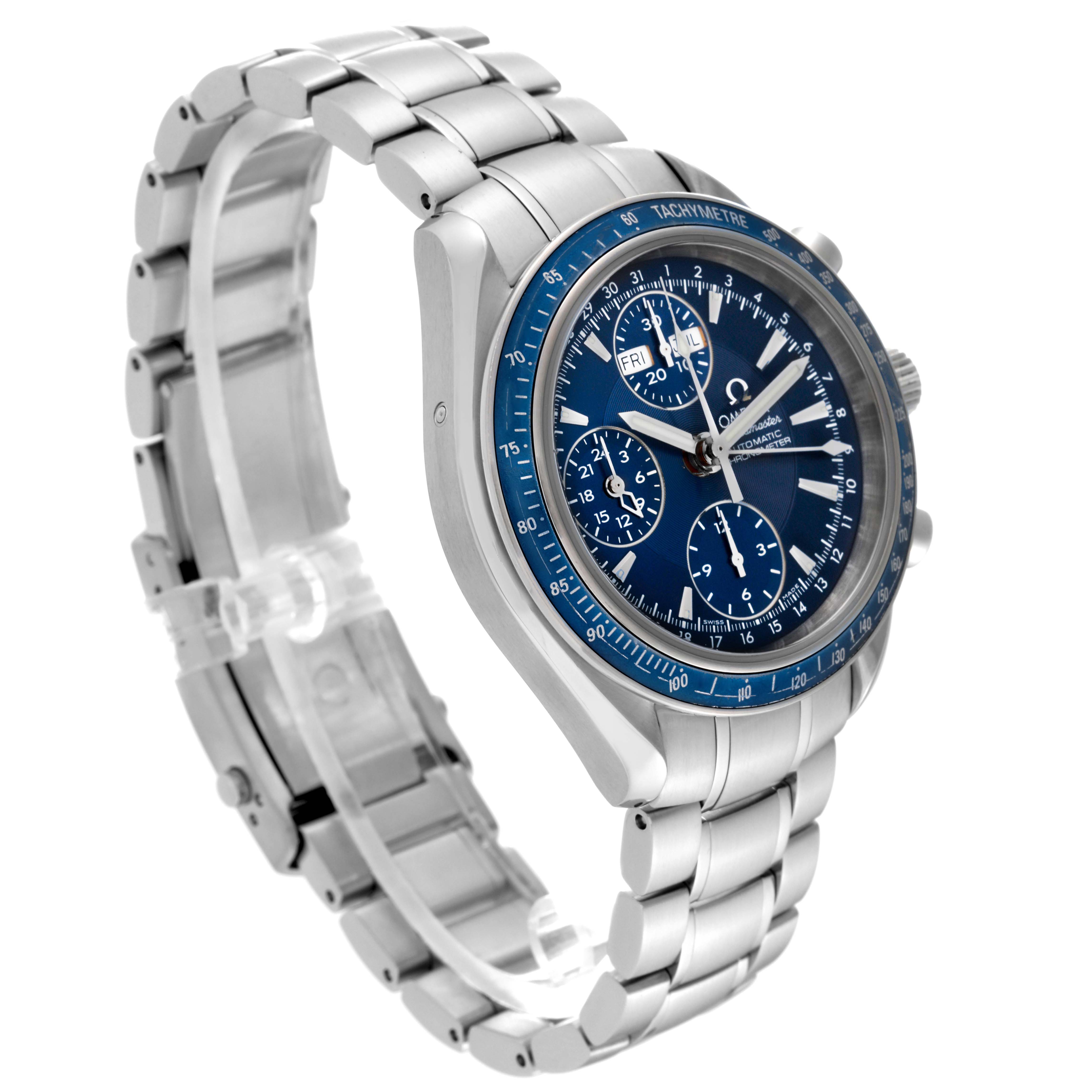 The Omega Speedmaster 3222.80.00 Men
s Stainless Steel Blue Dial 3222.80.00 Men
s Stainless Steel Blue Dial watch is shown at a slight side angle, highlighting its blue dial, tachymeter bezel, and metal bracelet.