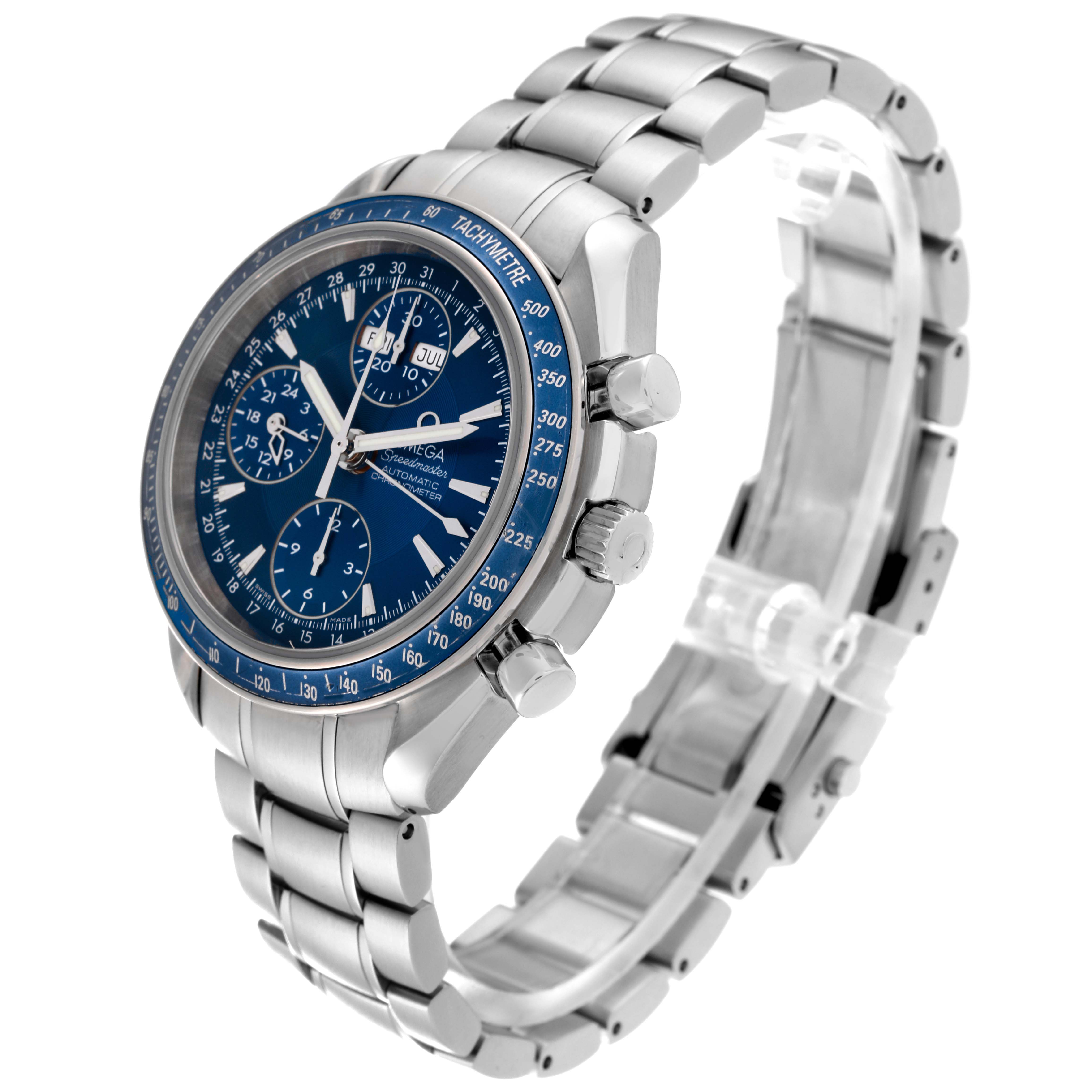 The Omega Speedmaster 3222.80.00 Men
s Stainless Steel Blue Dial 3222.80.00 Men
s Stainless Steel Blue Dial watch is shown at a three-quarter angle, displaying the dial, case, pushers, and bracelet.