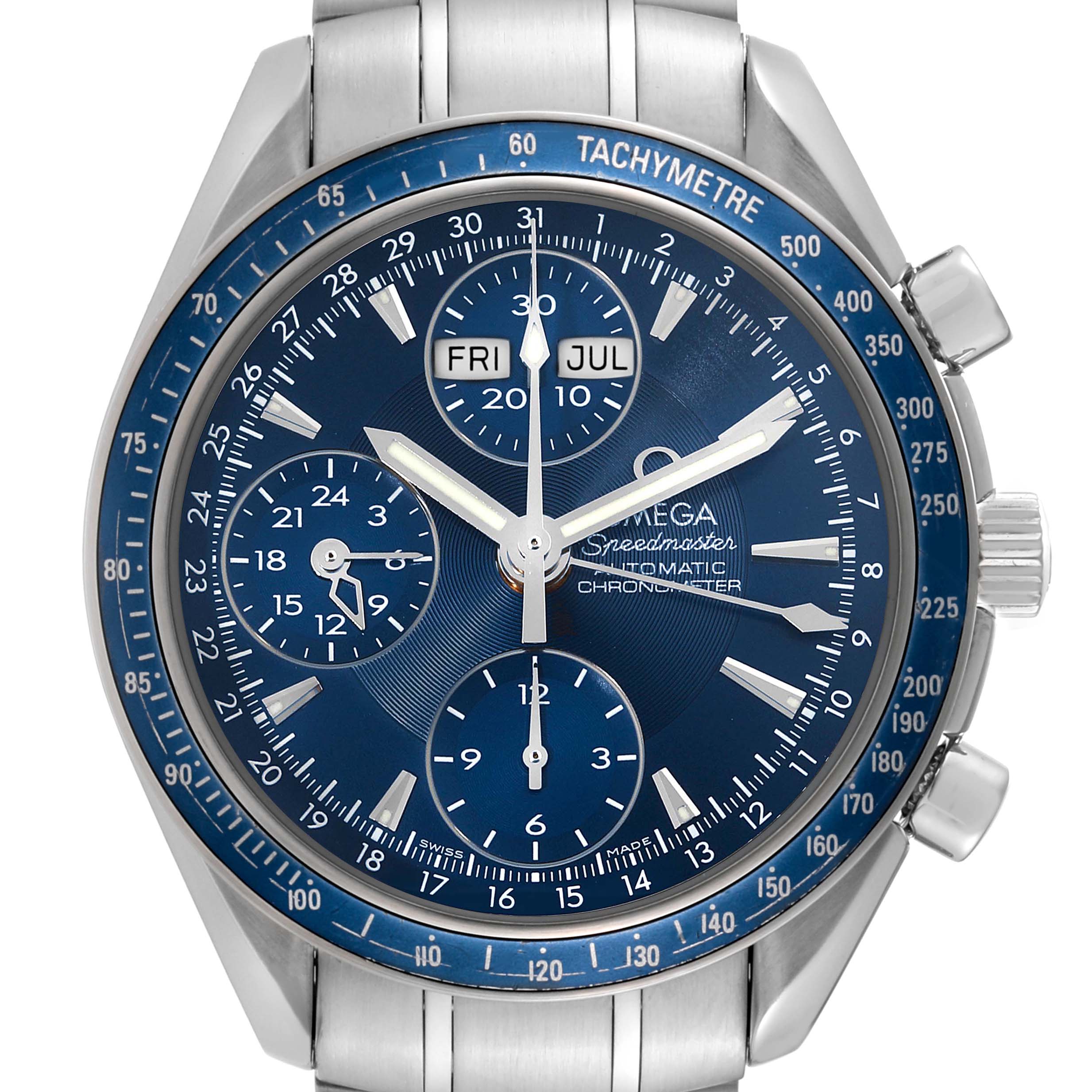 The image shows a frontal view of the Omega Speedmaster 3222.80.00 Men
s Stainless Steel Blue Dial 3222.80.00 Men
s Stainless Steel Blue Dial watch, displaying the dial, tachymeter bezel, and pushers.