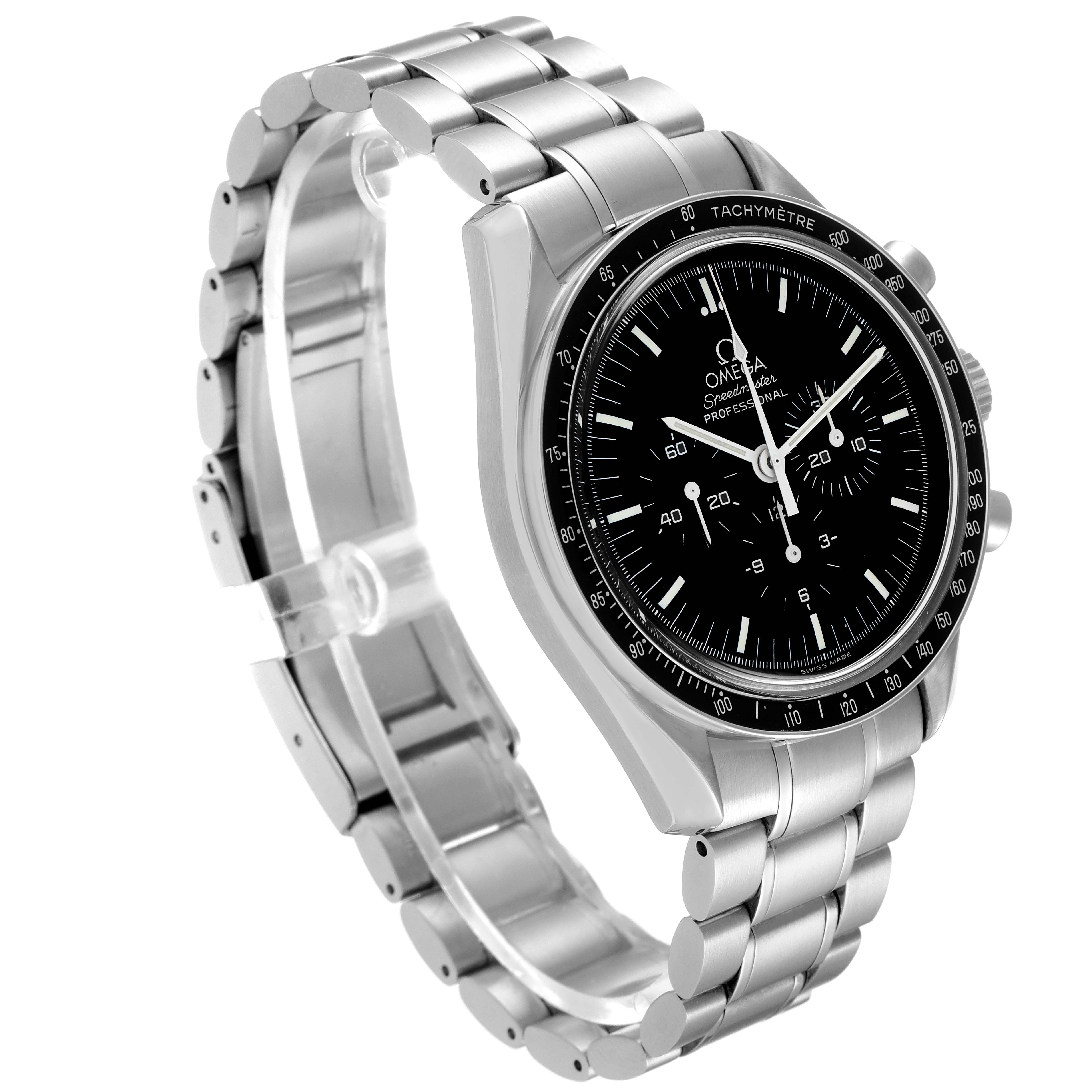 This image shows an angled side view of the Omega Speedmaster 3572.50.00 Men
s Stainless Steel Black Dial 3572.50.00 Men
s Stainless Steel Black Dial watch, highlighting its black dial and stainless steel bracelet.