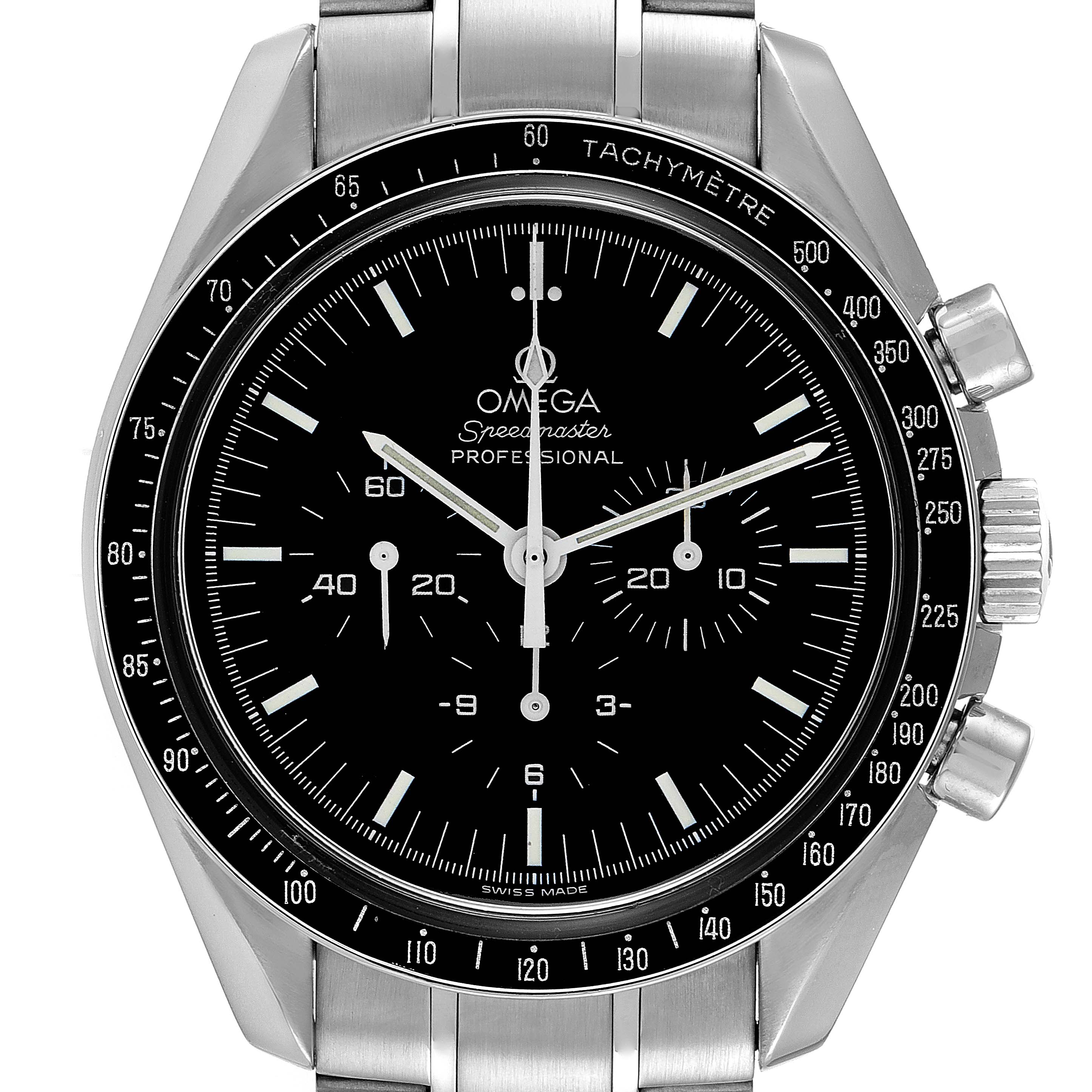 The image shows a frontal view of an Omega Speedmaster 3572.50.00 Men
s Stainless Steel Black Dial 3572.50.00 Men
s Stainless Steel Black Dial watch, highlighting its dial, hands, tachymeter bezel, and pushers.