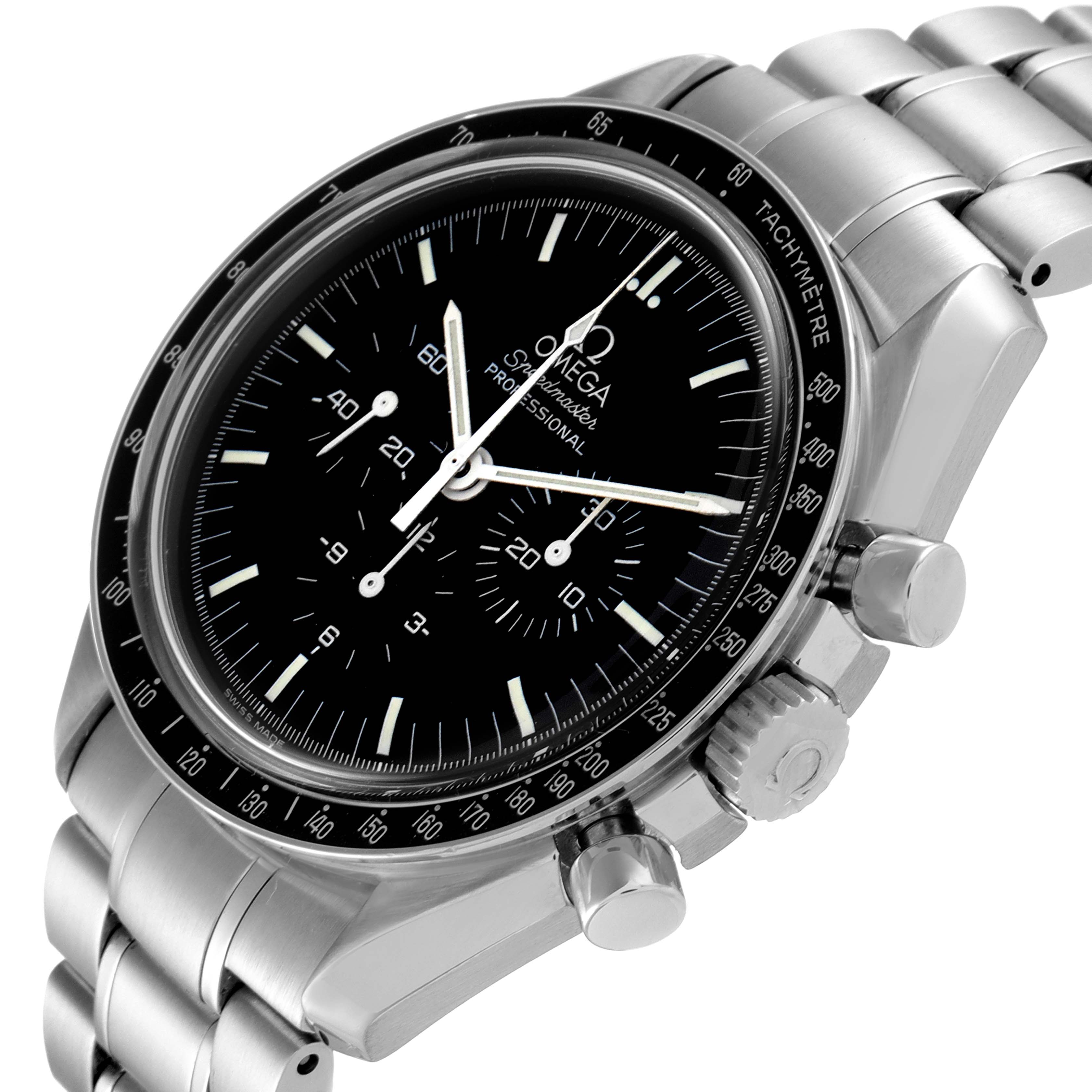 This image shows the Omega Speedmaster 3572.50.00 Men
s Stainless Steel Black Dial 3572.50.00 Men
s Stainless Steel Black Dial watch at an angle emphasizing the face, bezel, crown, and part of the bracelet.