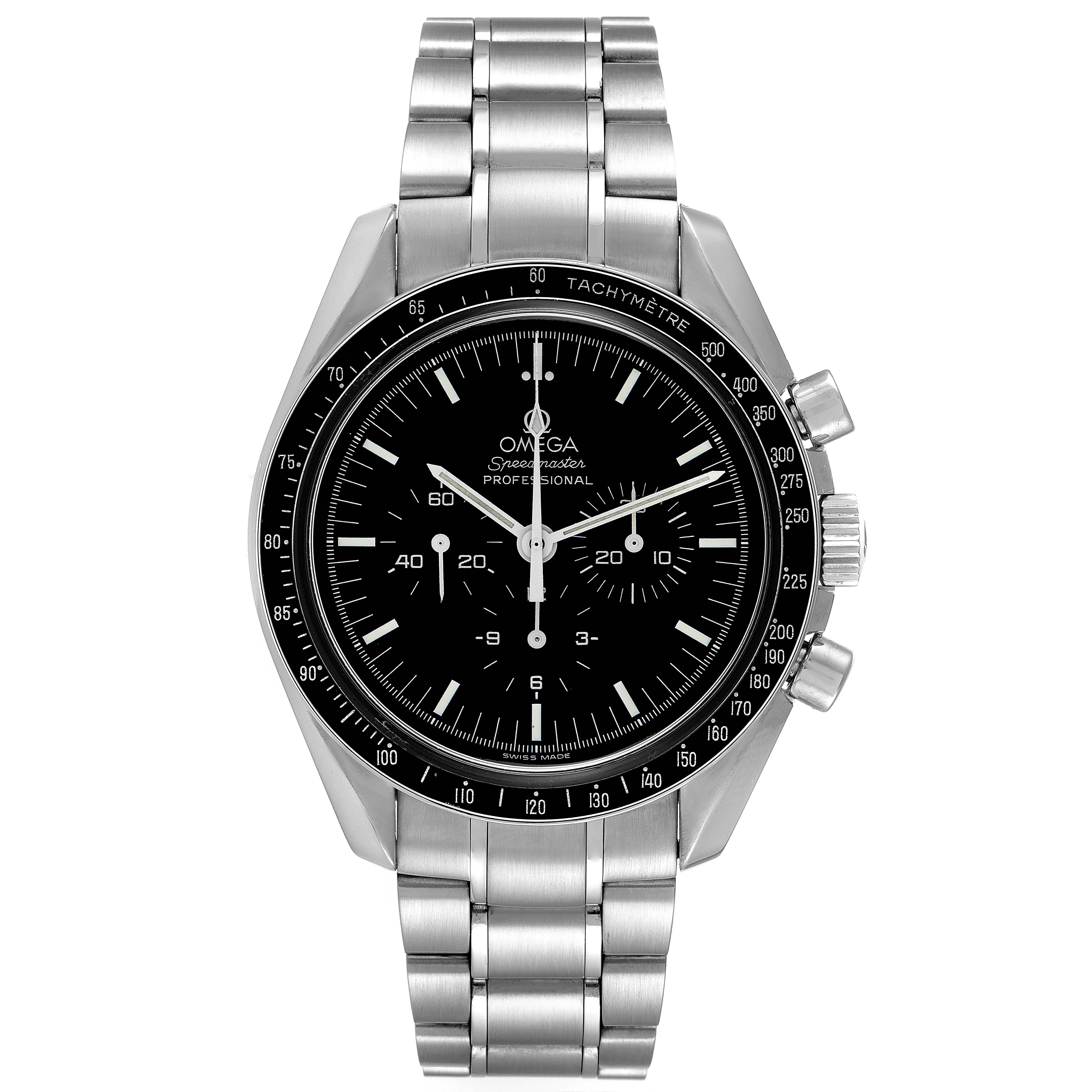 The image shows a front view of an Omega Speedmaster 3572.50.00 Men
s Stainless Steel Black Dial 3572.50.00 Men
s Stainless Steel Black Dial watch with a stainless steel bracelet and black dial.