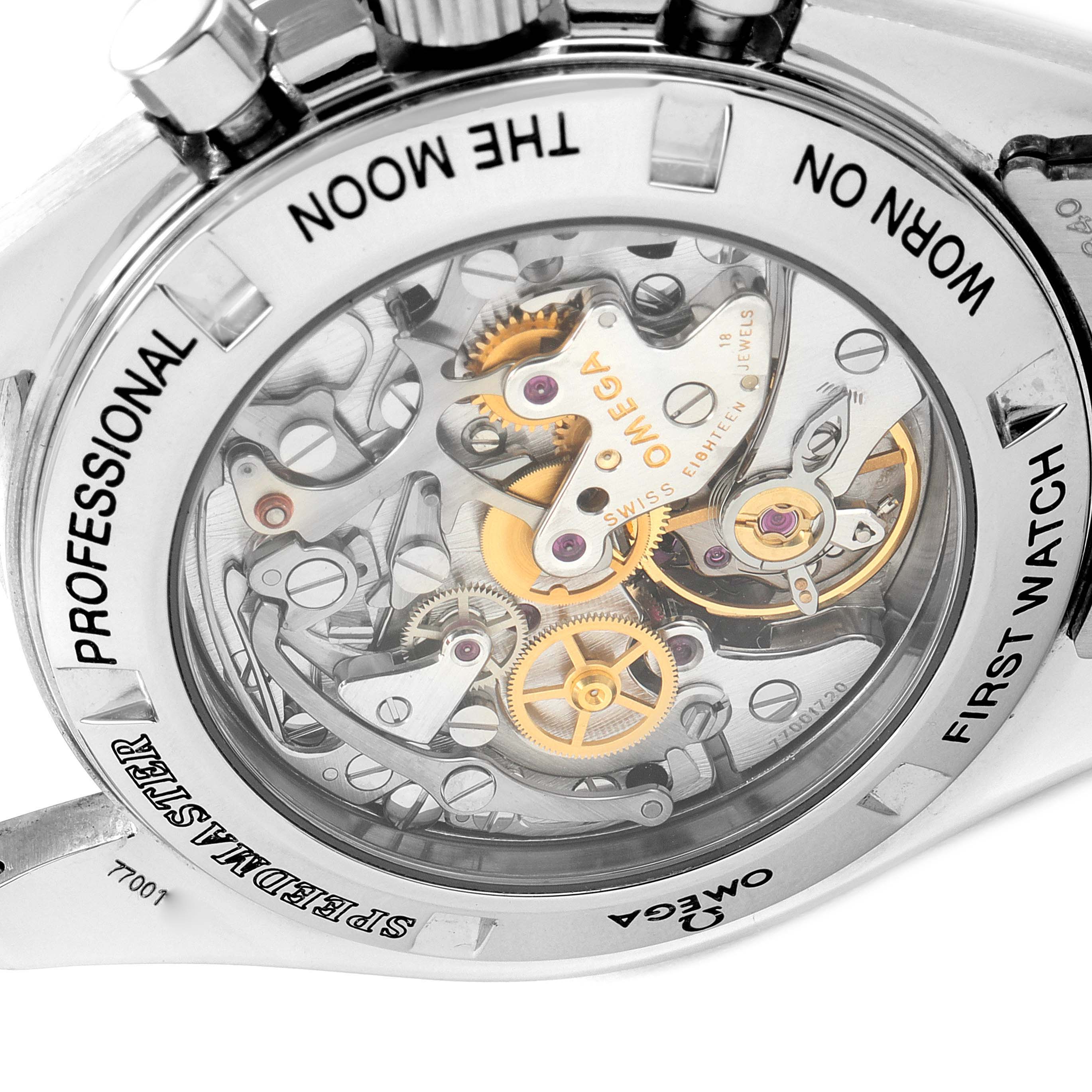 This image shows the back case of an Omega Speedmaster 3572.50.00 Men
s Stainless Steel Black Dial 3572.50.00 Men
s Stainless Steel Black Dial watch, revealing its intricate mechanical movement.