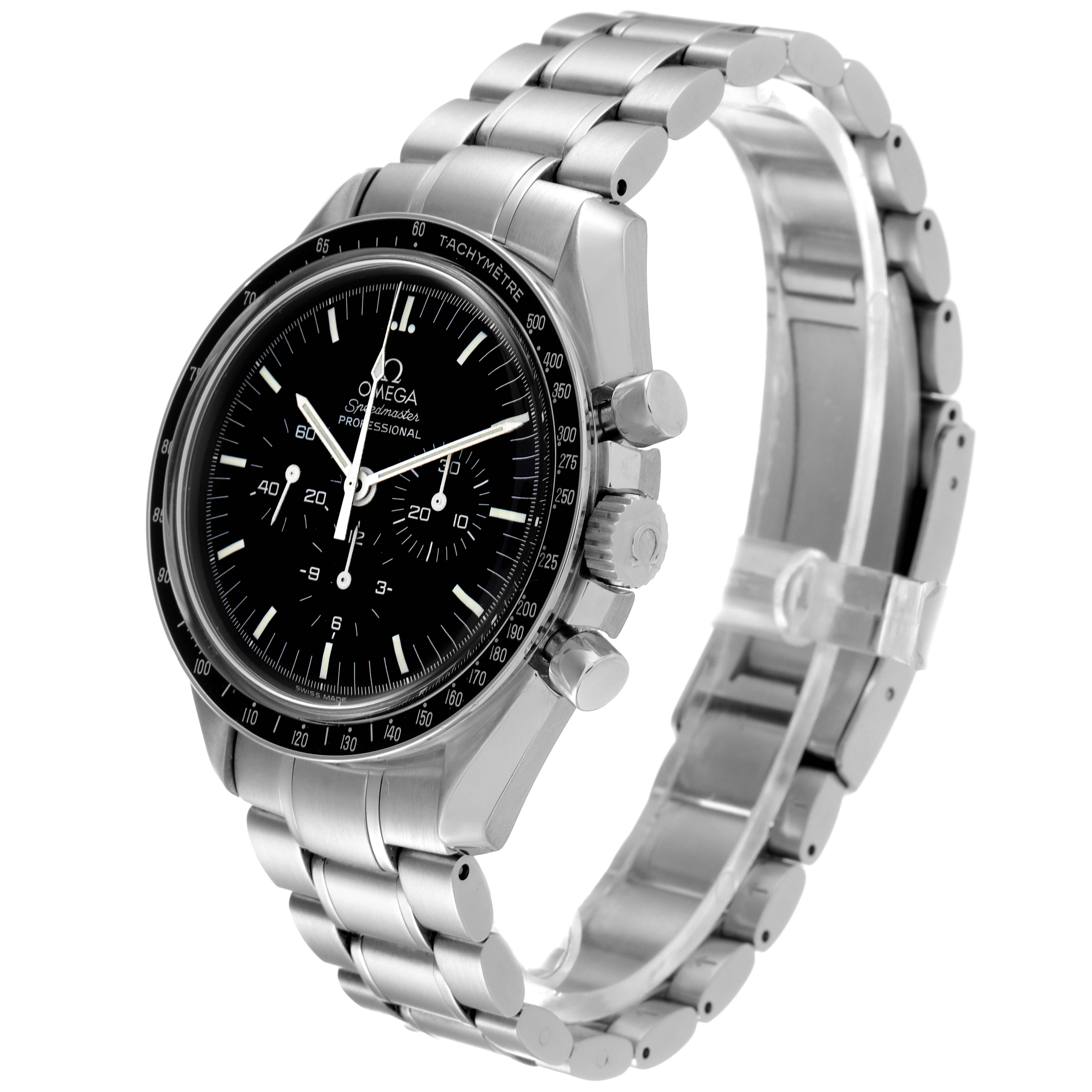 The Omega Speedmaster 3572.50.00 Men
s Stainless Steel Black Dial 3572.50.00 Men
s Stainless Steel Black Dial watch is shown at a three-quarter angle, displaying its dial, bezel, crown, pushers, and stainless steel bracelet.