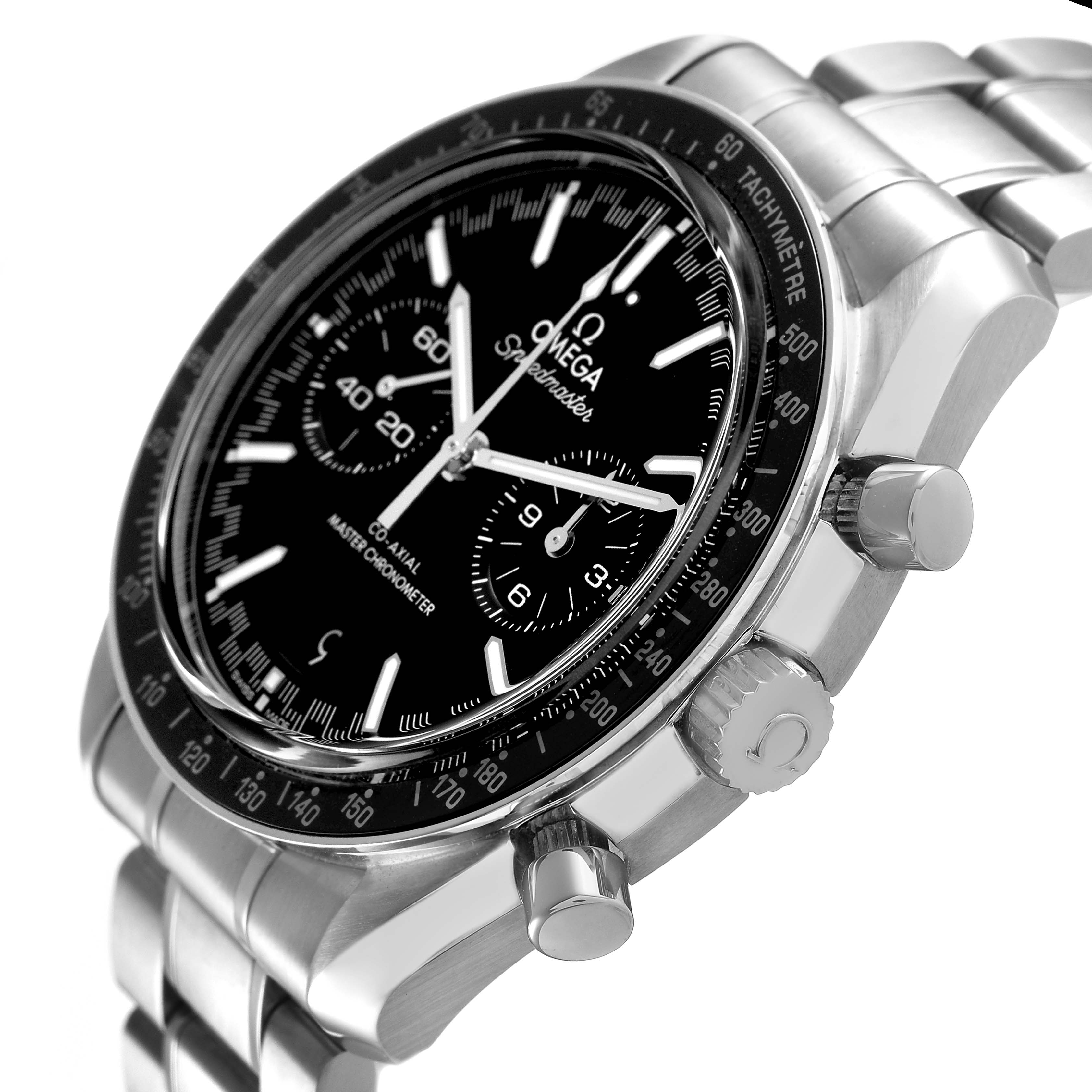 The Omega Speedmaster 329.30.44.51.01.001 Men's Stainless Steel Black Dial watch is shown from an angled side view, displaying the dial, bezel, crown, and pushers.