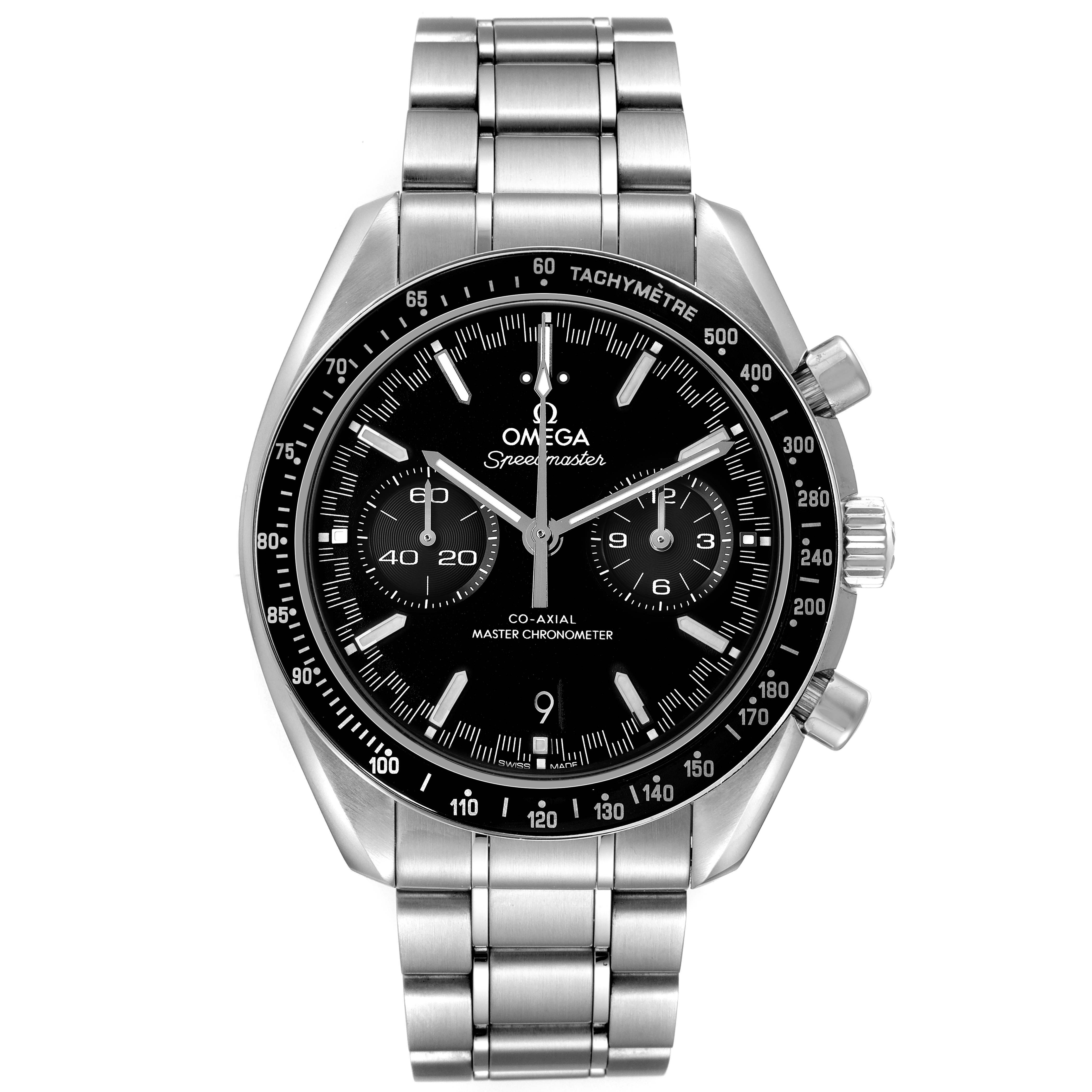 The Omega Speedmaster 329.30.44.51.01.001 Men's Stainless Steel Black Dial watch is shown from a front angle, highlighting the dial, bezel, and full bracelet.