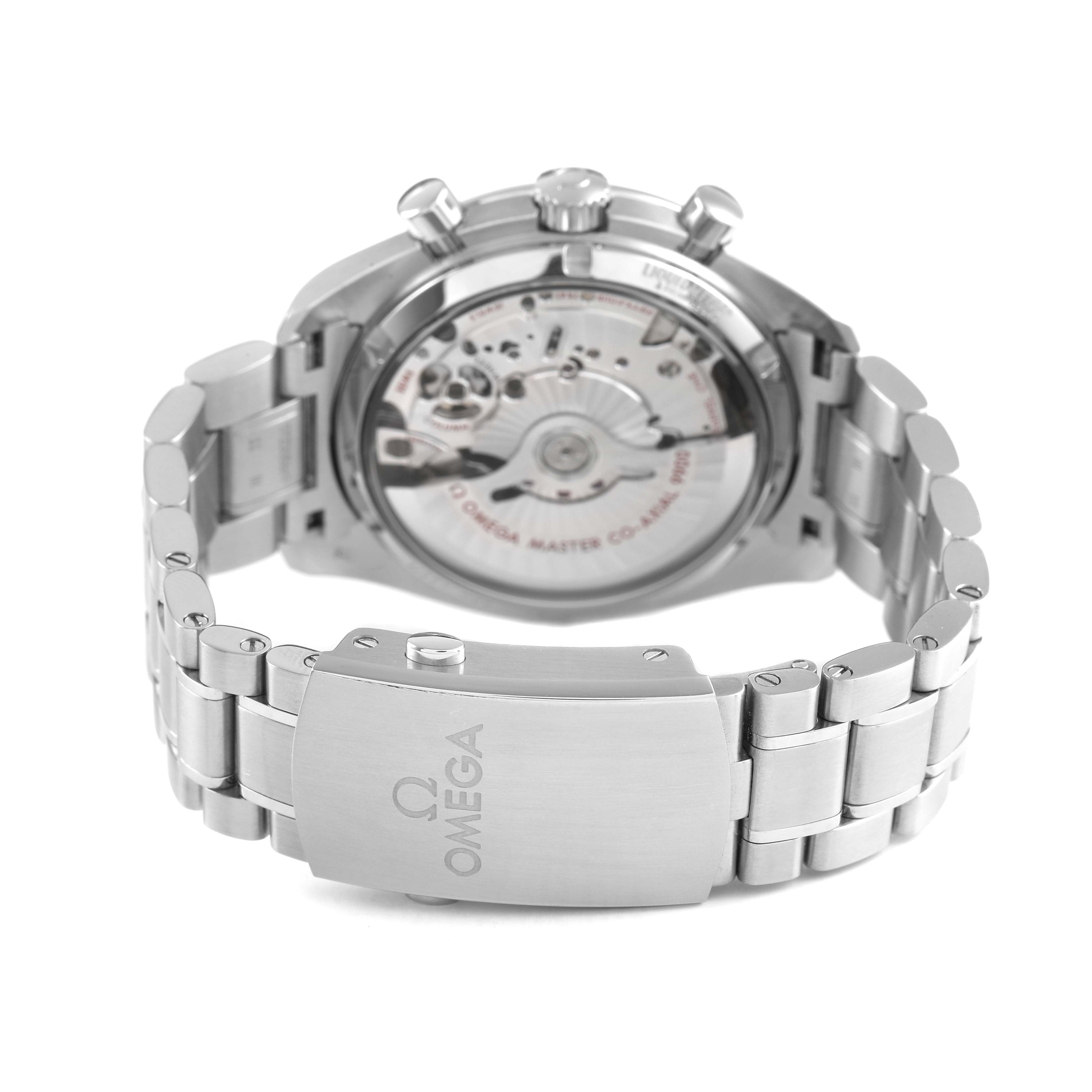 The back view of the Omega Speedmaster 329.30.44.51.01.001 Men's Stainless Steel Black Dial displays the open case back, revealing the movement and a portion of the stainless steel bracelet.