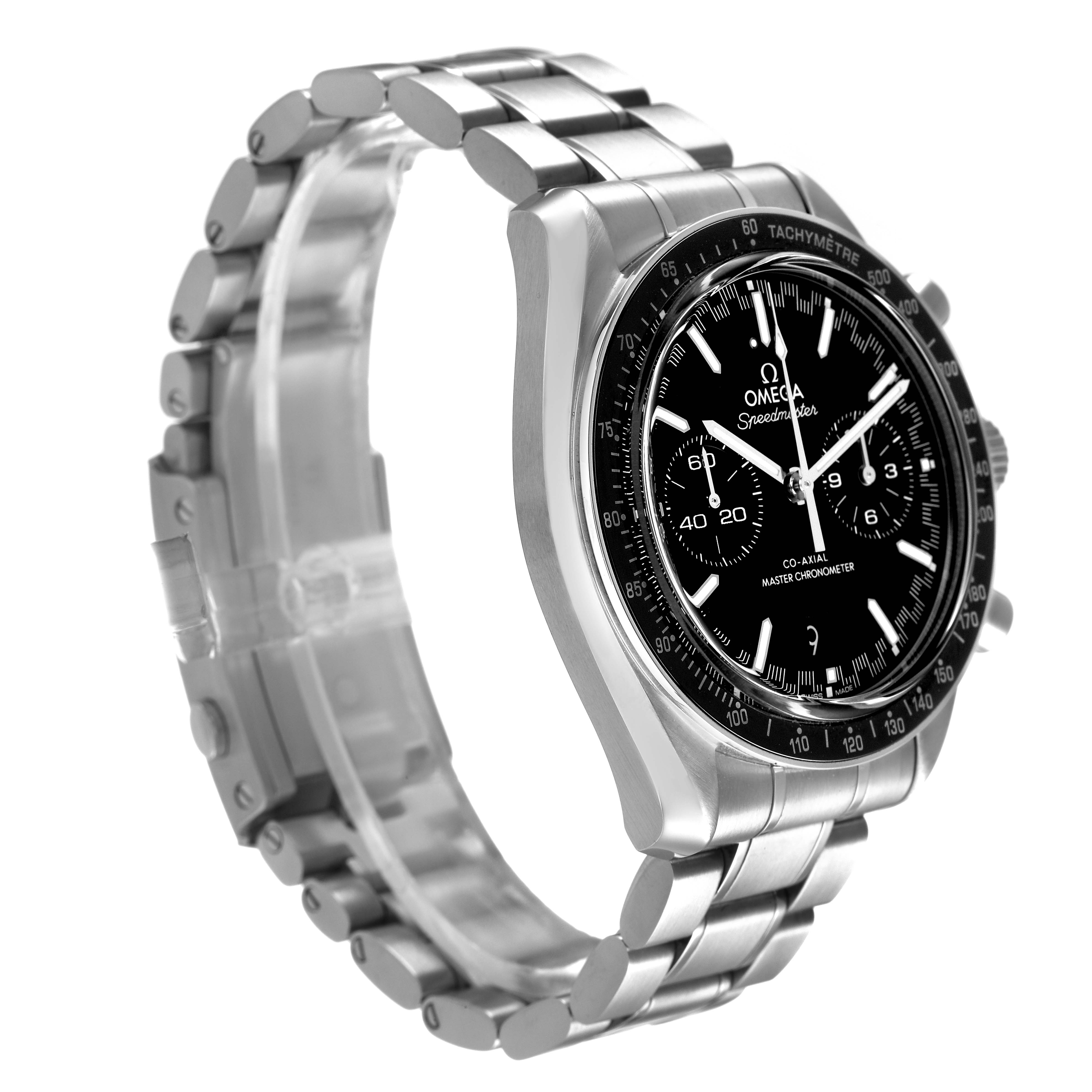 The Omega Speedmaster 329.30.44.51.01.001 Men's Stainless Steel Black Dial watch is shown at a three-quarter angle, highlighting its face, tachymeter bezel, and metal bracelet.