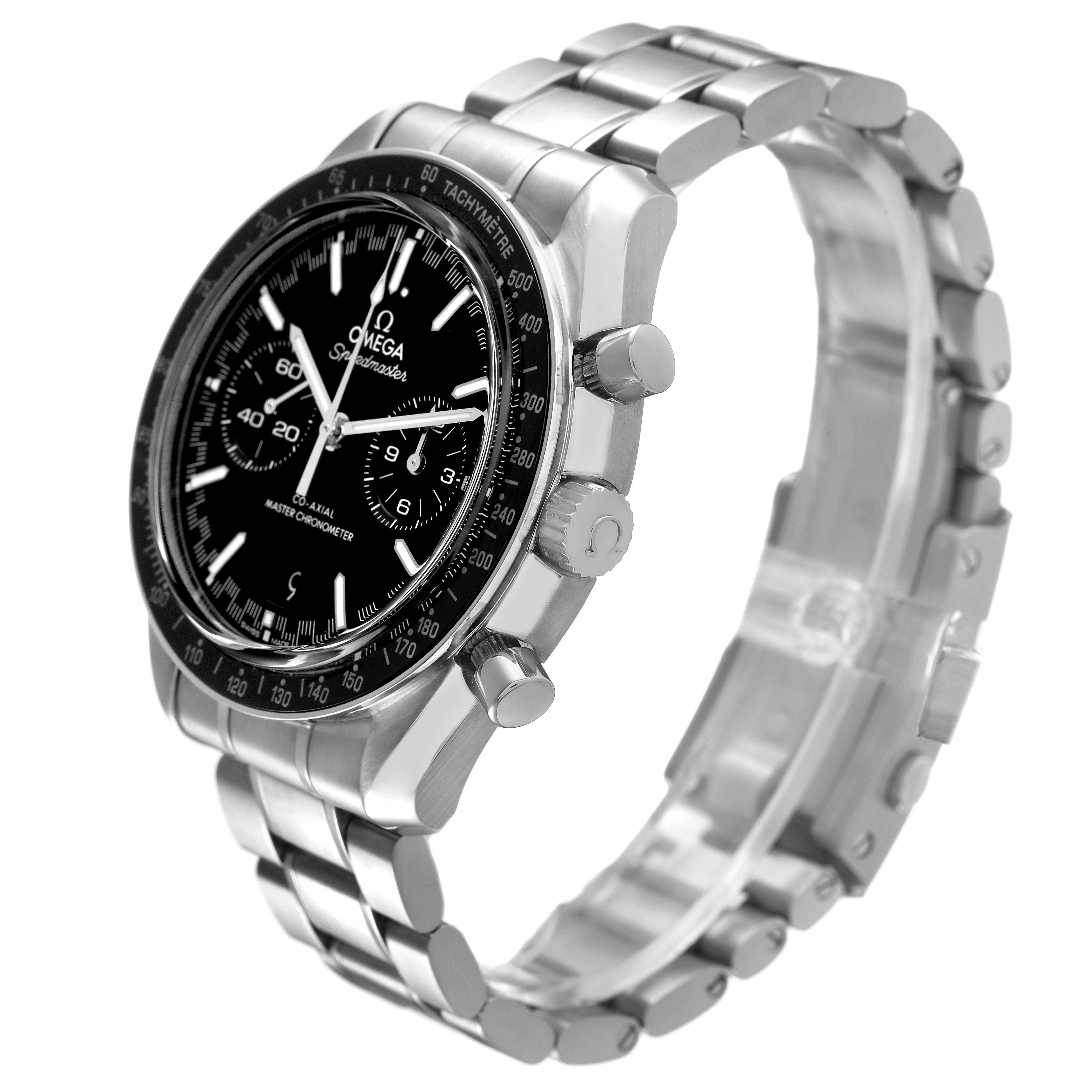 The Omega Speedmaster 329.30.44.51.01.001 Men's Stainless Steel Black Dial watch is shown at a three-quarter angle, displaying the face, bezel, crown, chronograph pushers, and metal bracelet.
