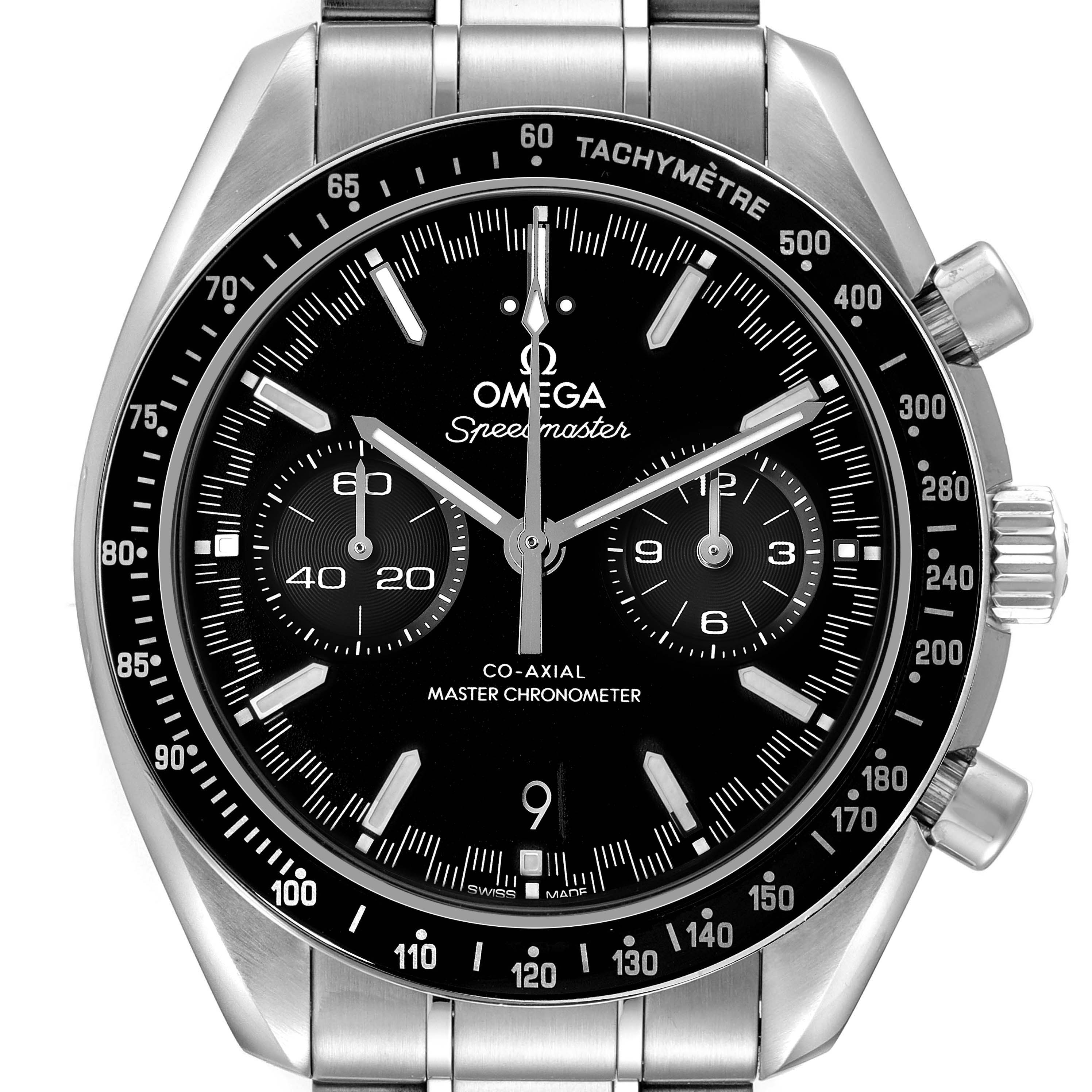 The Omega Speedmaster 329.30.44.51.01.001 Men's Stainless Steel Black Dial watch is shown from a front angle, highlighting the dial, tachymeter bezel, and bracelet.