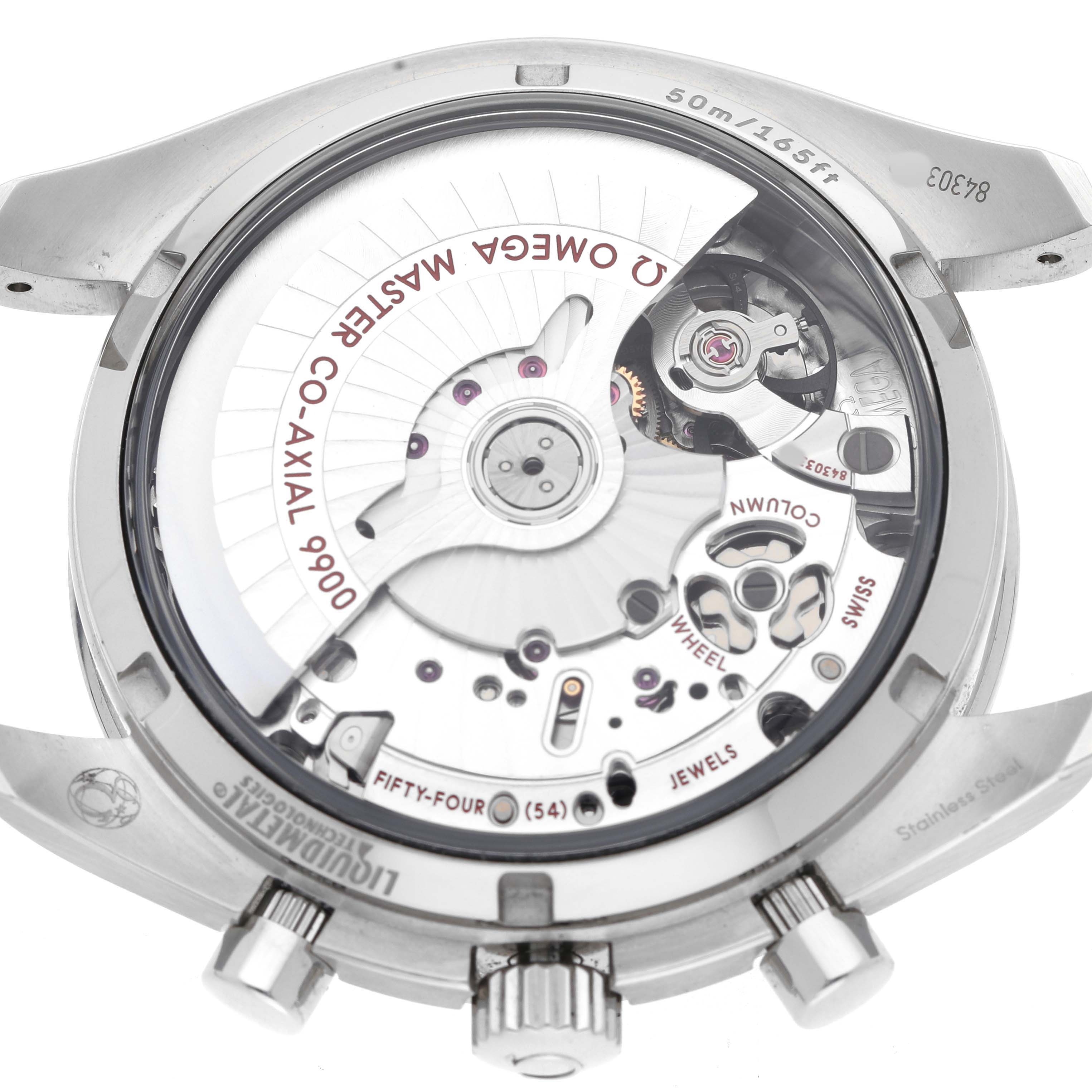 This image shows the back of the Omega Speedmaster 329.30.44.51.01.001 Men's Stainless Steel Black Dial, highlighting the Co-Axial 9900 movement.