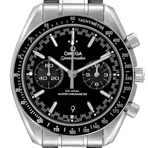 The Omega Speedmaster 329.30.44.51.01.001 Men's Stainless Steel Black Dial watch is shown from a front angle, highlighting the dial, tachymeter bezel, and chronograph sub-dials.
