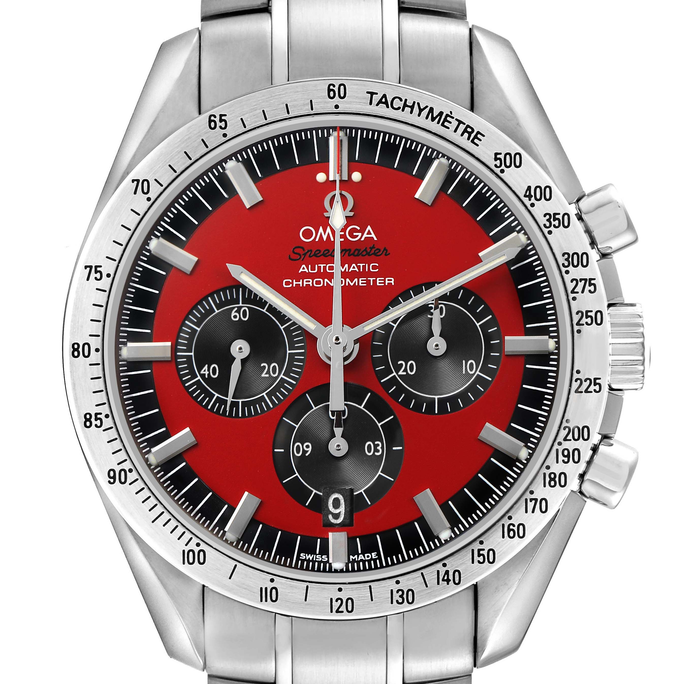 The Omega Speedmaster 3506.61.00 Men's Stainless Steel Red Dial watch is shown from the front, displaying the dial, tachymeter bezel, and chronograph subdials.