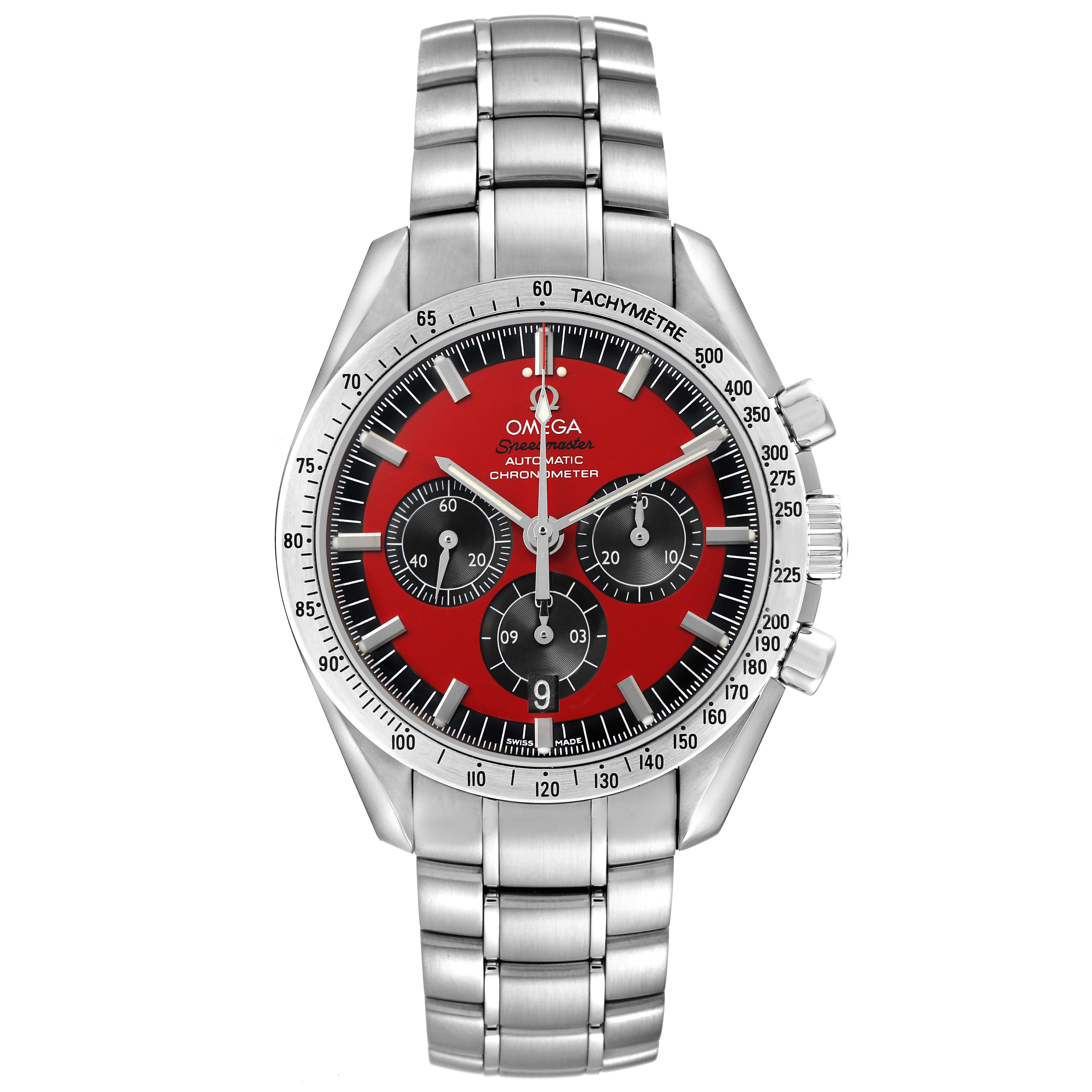 The Omega Speedmaster 3506.61.00 Men's Stainless Steel Red Dial watch is shown from a top view, displaying its red dial, steel bracelet, and tachymeter bezel.