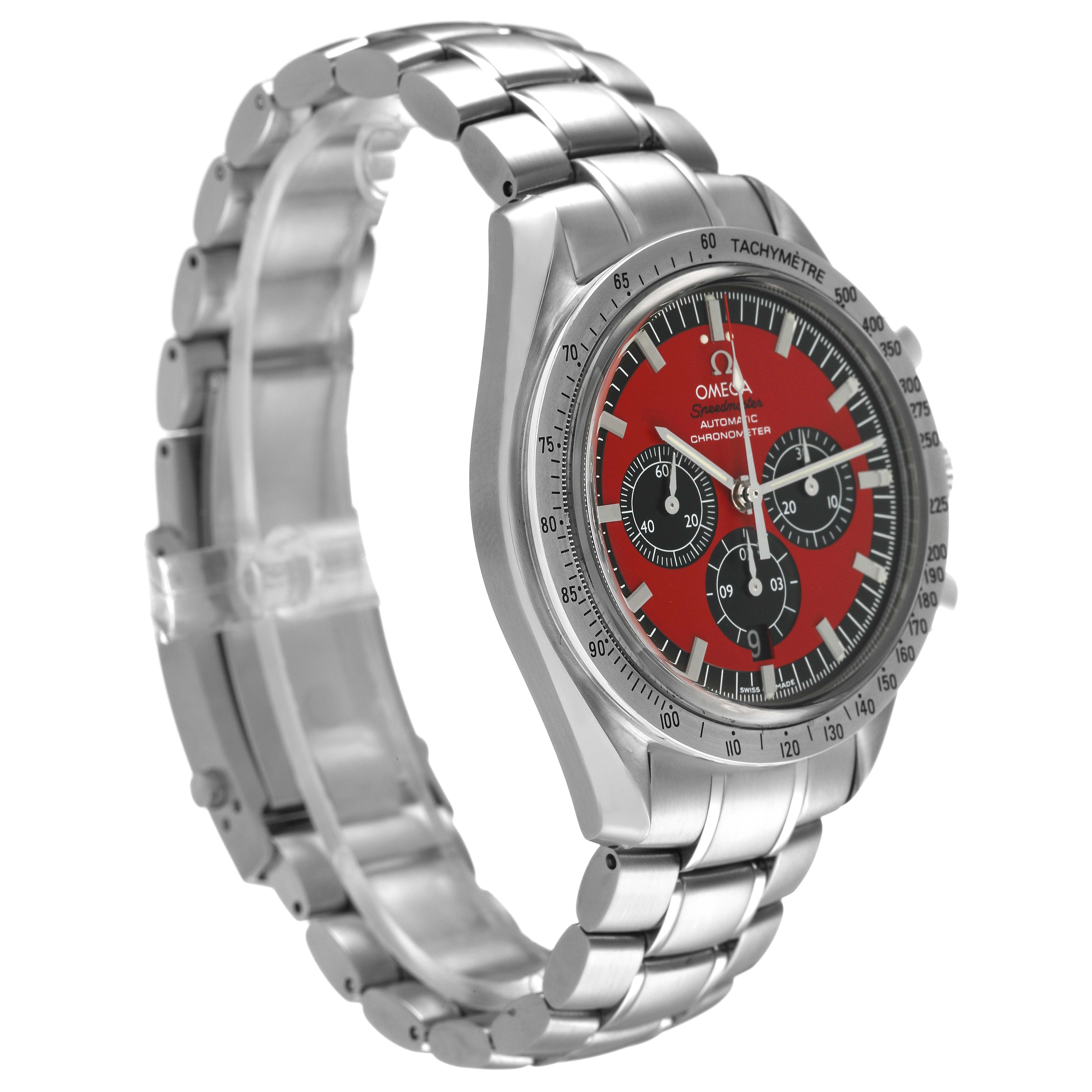 The Omega Speedmaster 3506.61.00 Men's Stainless Steel Red Dial watch is shown from a right side angle, highlighting the face, bezel, and bracelet.