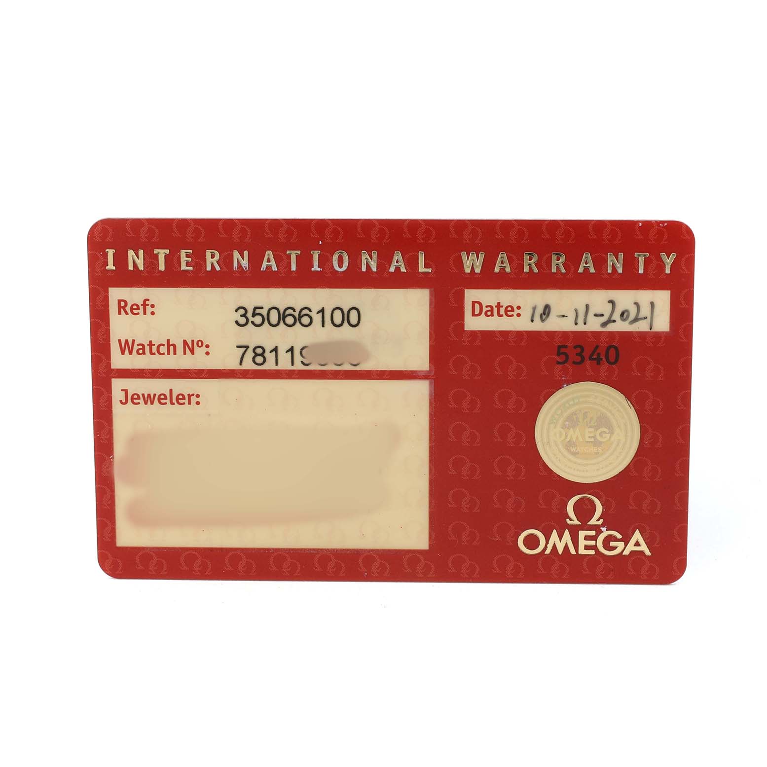 The image shows an Omega Speedmaster 3506.61.00 Men's Stainless Steel Red Dial International Warranty card with reference and watch number displayed.