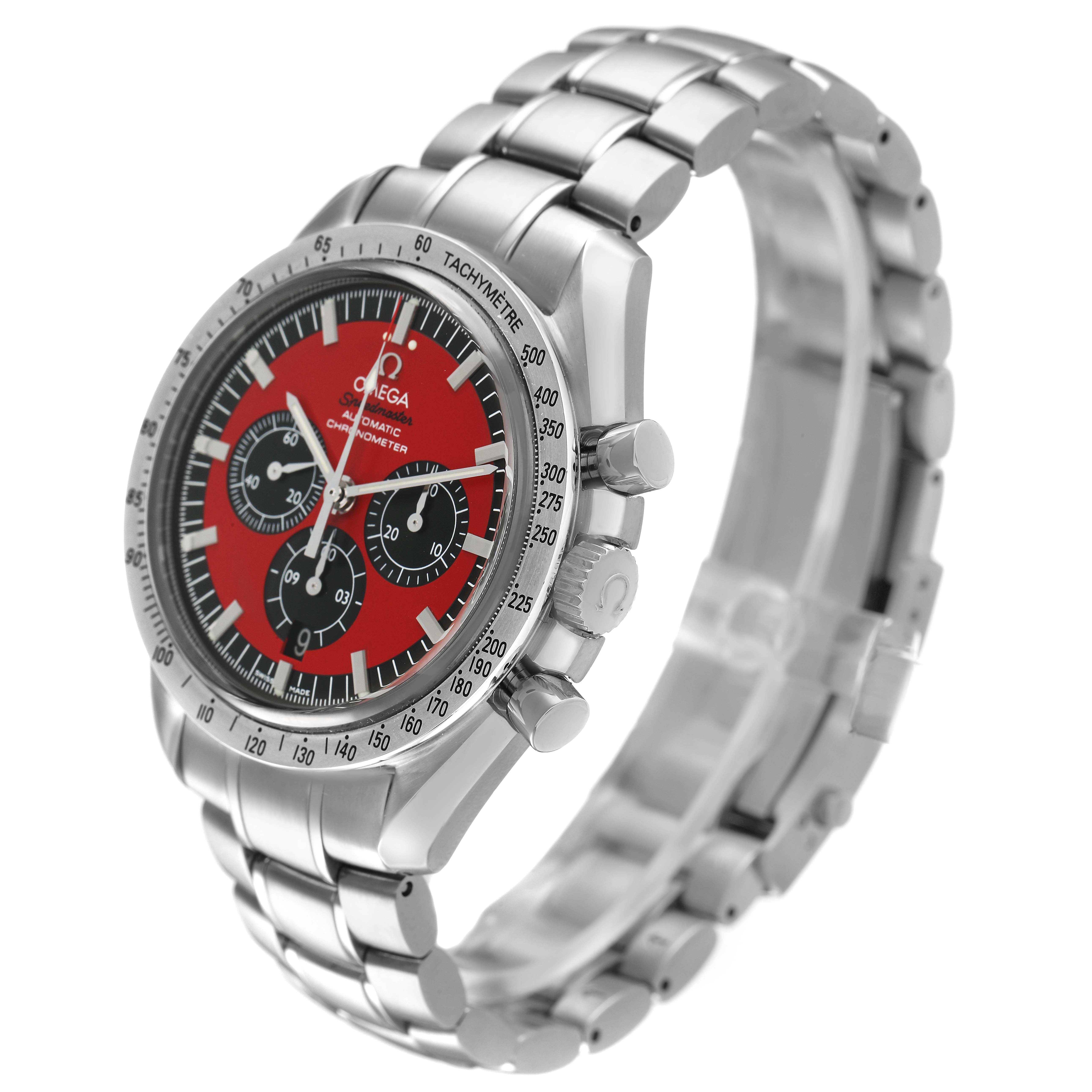 The Omega Speedmaster 3506.61.00 Men's Stainless Steel Red Dial model is shown from a front-side angle, highlighting the red dial, chronograph subdials, and metal bracelet.