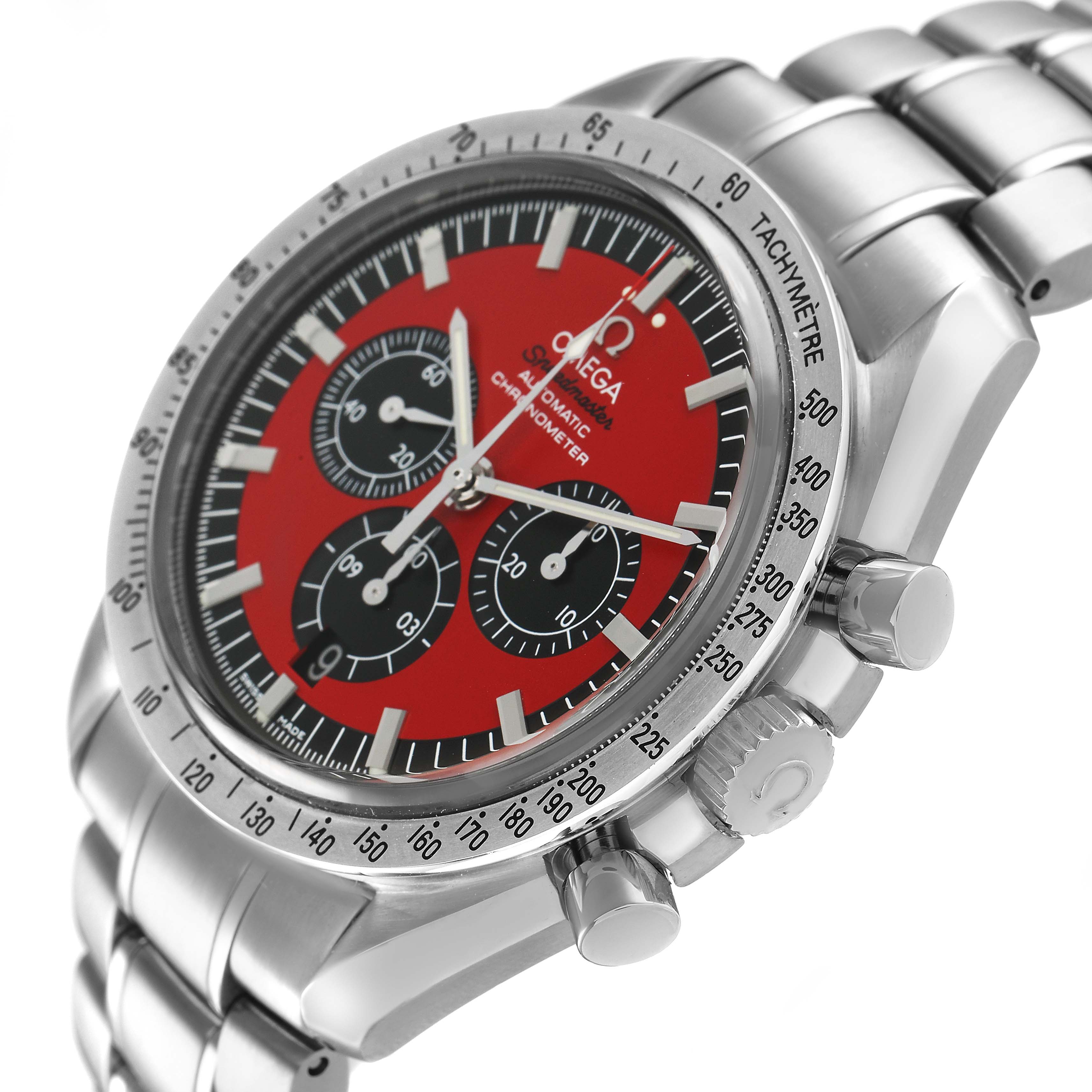 The Omega Speedmaster 3506.61.00 Men's Stainless Steel Red Dial watch is shown at a side angle, displaying its red dial, tachymeter bezel, pushers, and crown.