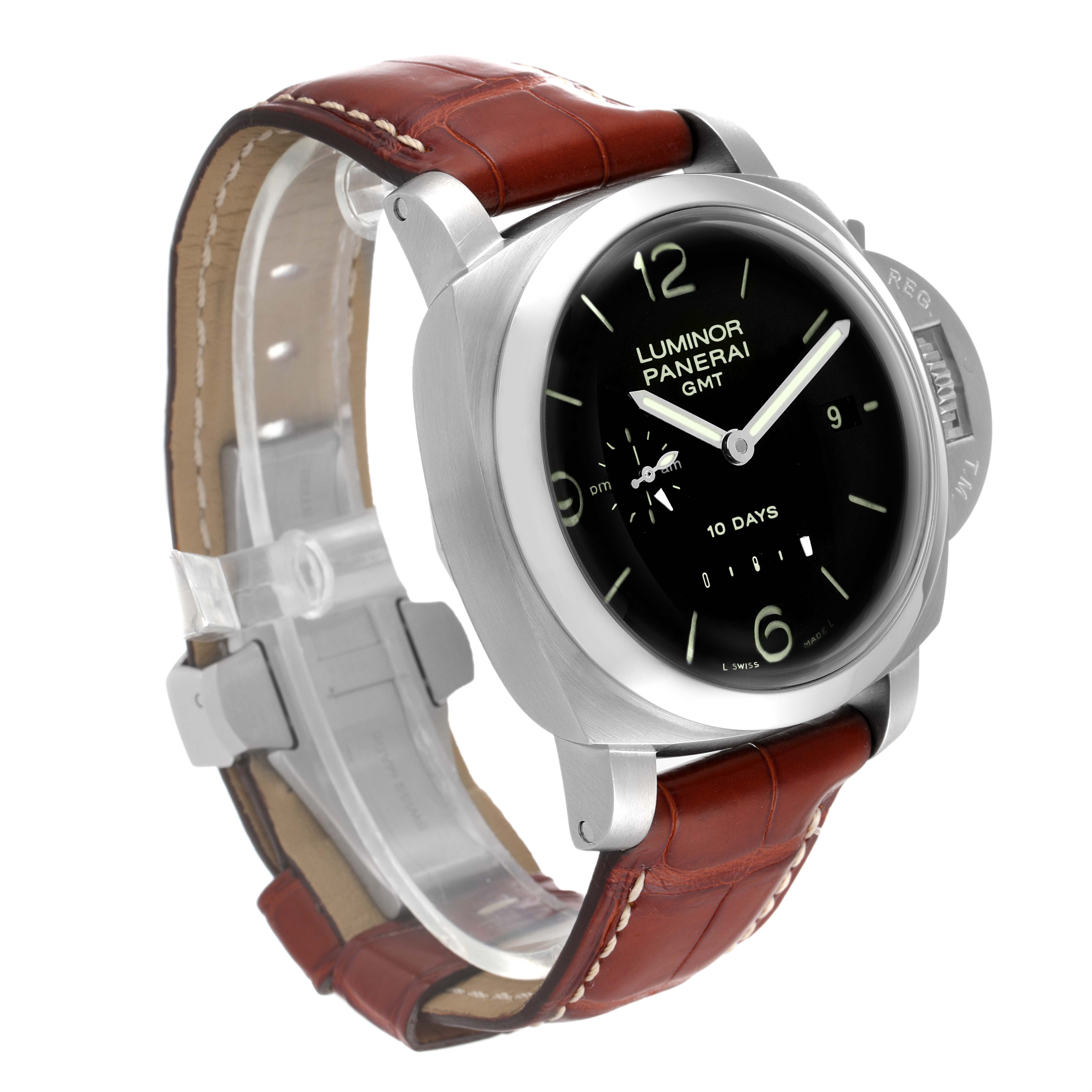 The image shows a front-side angle of the Panerai Luminor PAM00270 Men's Stainless Steel Black Dial PAM00270 Men's Stainless Steel Black Dial GMT watch with a brown leather strap.