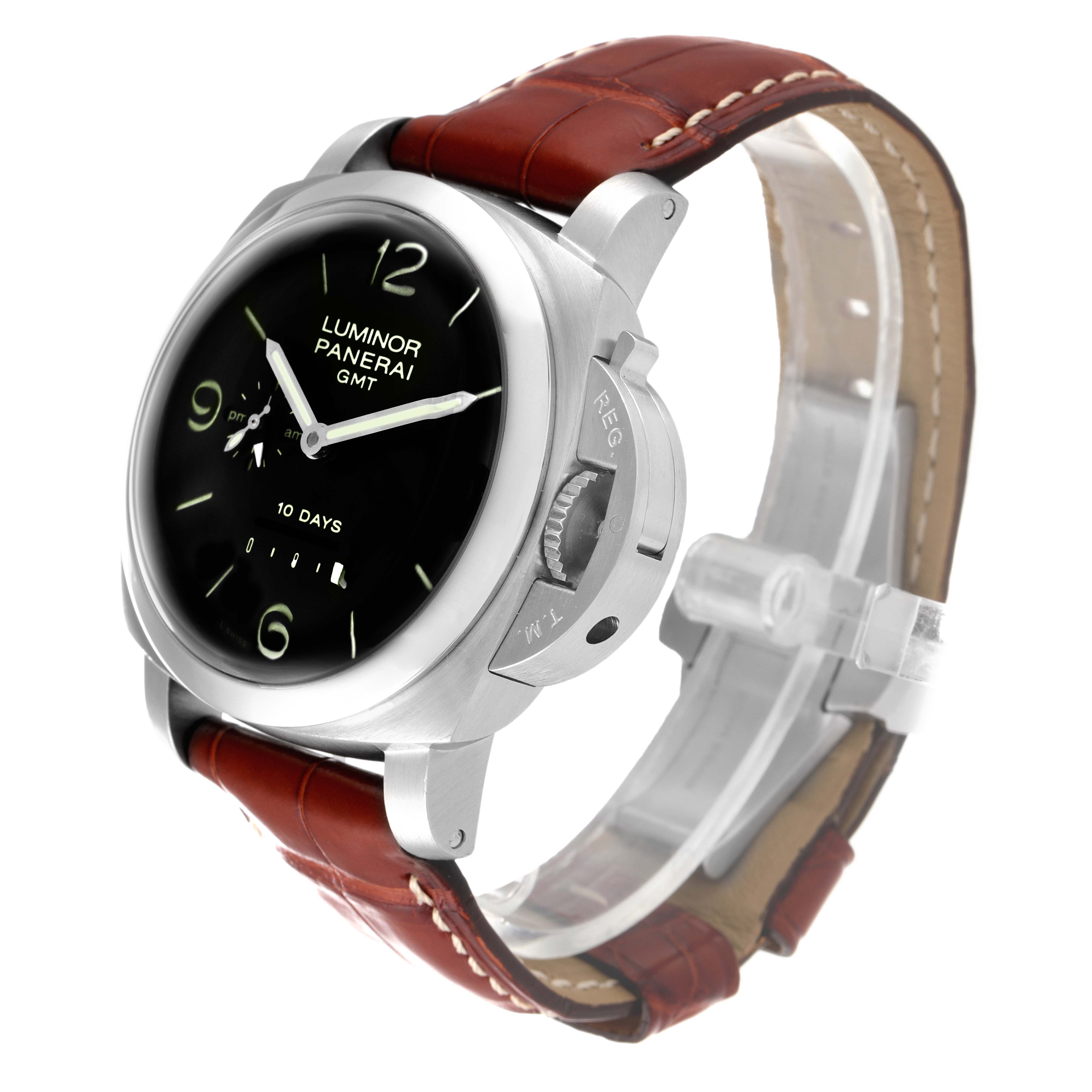 The image shows a Panerai Luminor PAM00270 Men's Stainless Steel Black Dial PAM00270 Men's Stainless Steel Black Dial watch at a three-quarter angle, highlighting its face, case, crown guard, and leather strap.