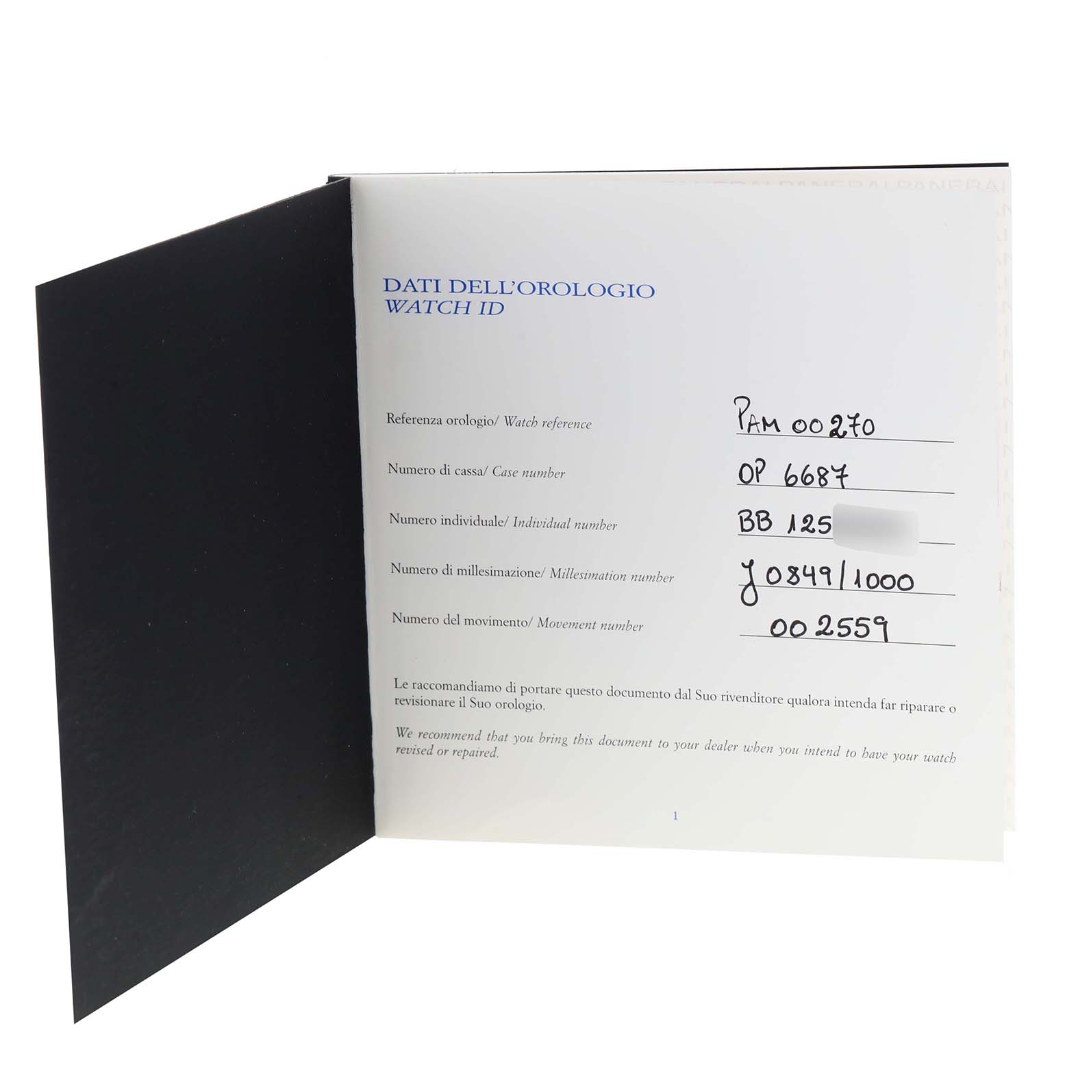 The image shows the documentation booklet for a Panerai Luminor PAM00270 Men's Stainless Steel Black Dial PAM00270 Men's Stainless Steel Black Dial watch, featuring its watch reference, case number, and movement number.