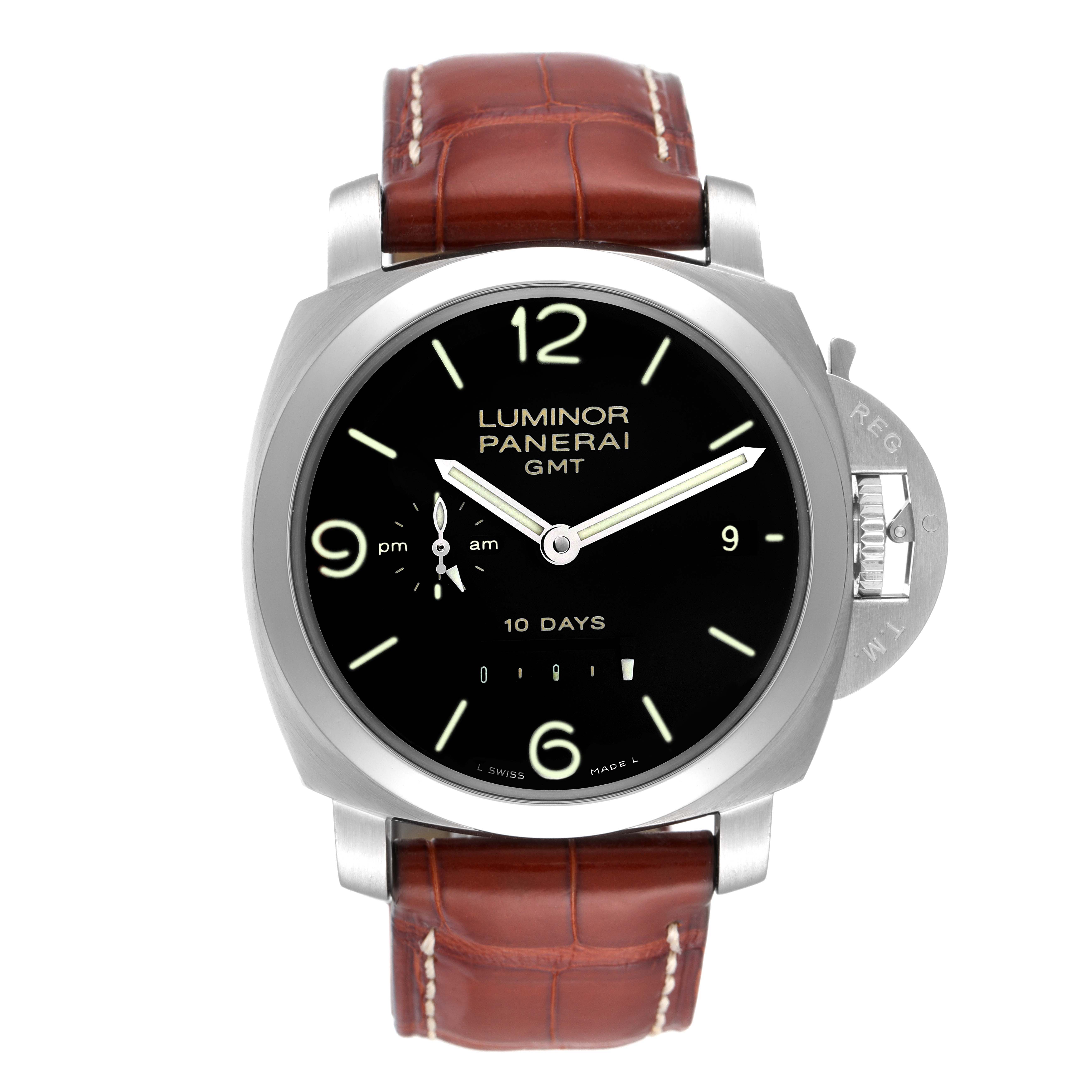 The image shows a front view of a Panerai Luminor PAM00270 Men's Stainless Steel Black Dial PAM00270 Men's Stainless Steel Black Dial GMT watch with a brown leather strap and a black dial.
