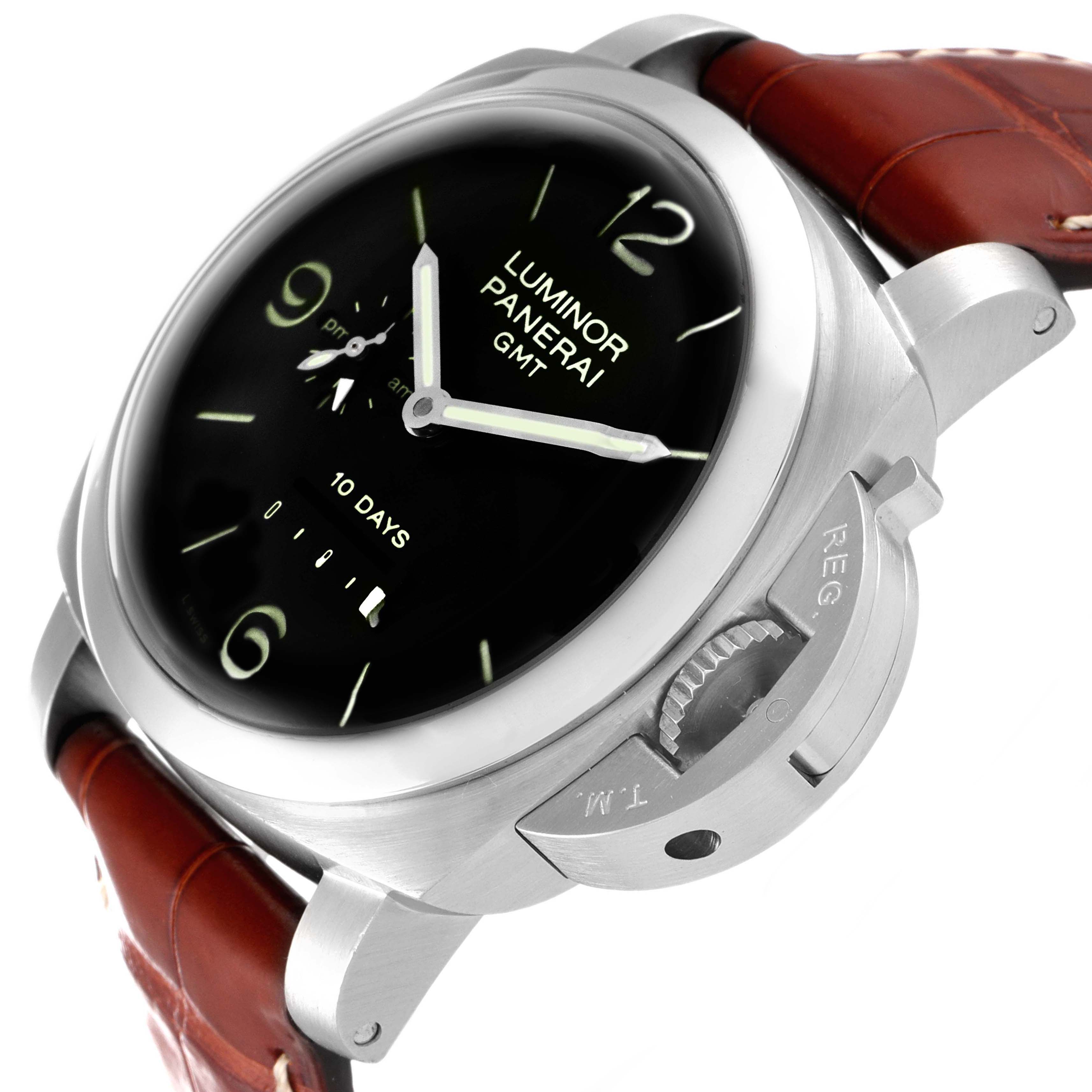 The image shows a Panerai Luminor PAM00270 Men's Stainless Steel Black Dial PAM00270 Men's Stainless Steel Black Dial watch at an angle highlighting the dial, bezel, crown guard, and brown leather strap.