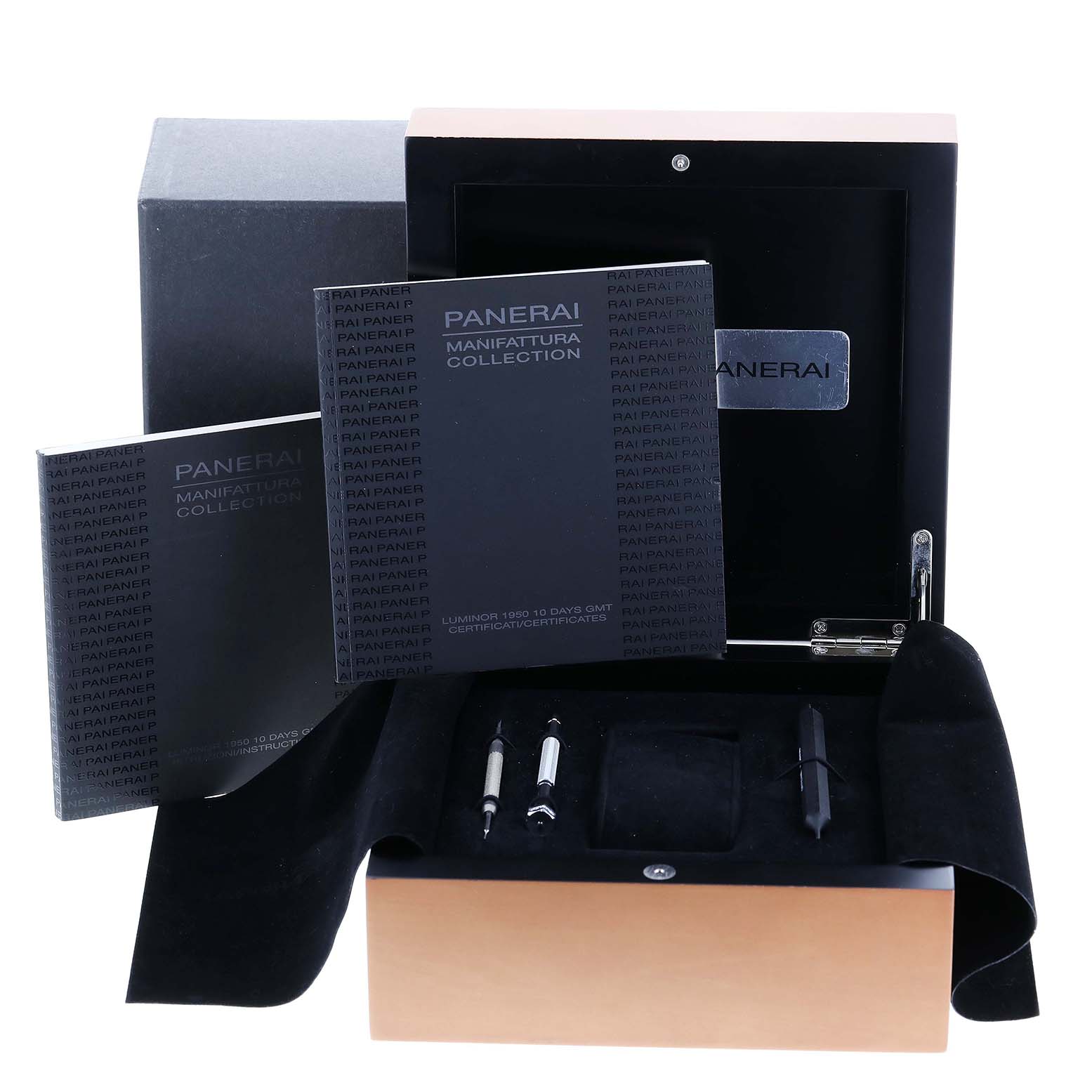 This image shows the packaging and accessories for a Panerai Luminor PAM00270 Men's Stainless Steel Black Dial PAM00270 Men's Stainless Steel Black Dial model, including the box, manuals, and tools.