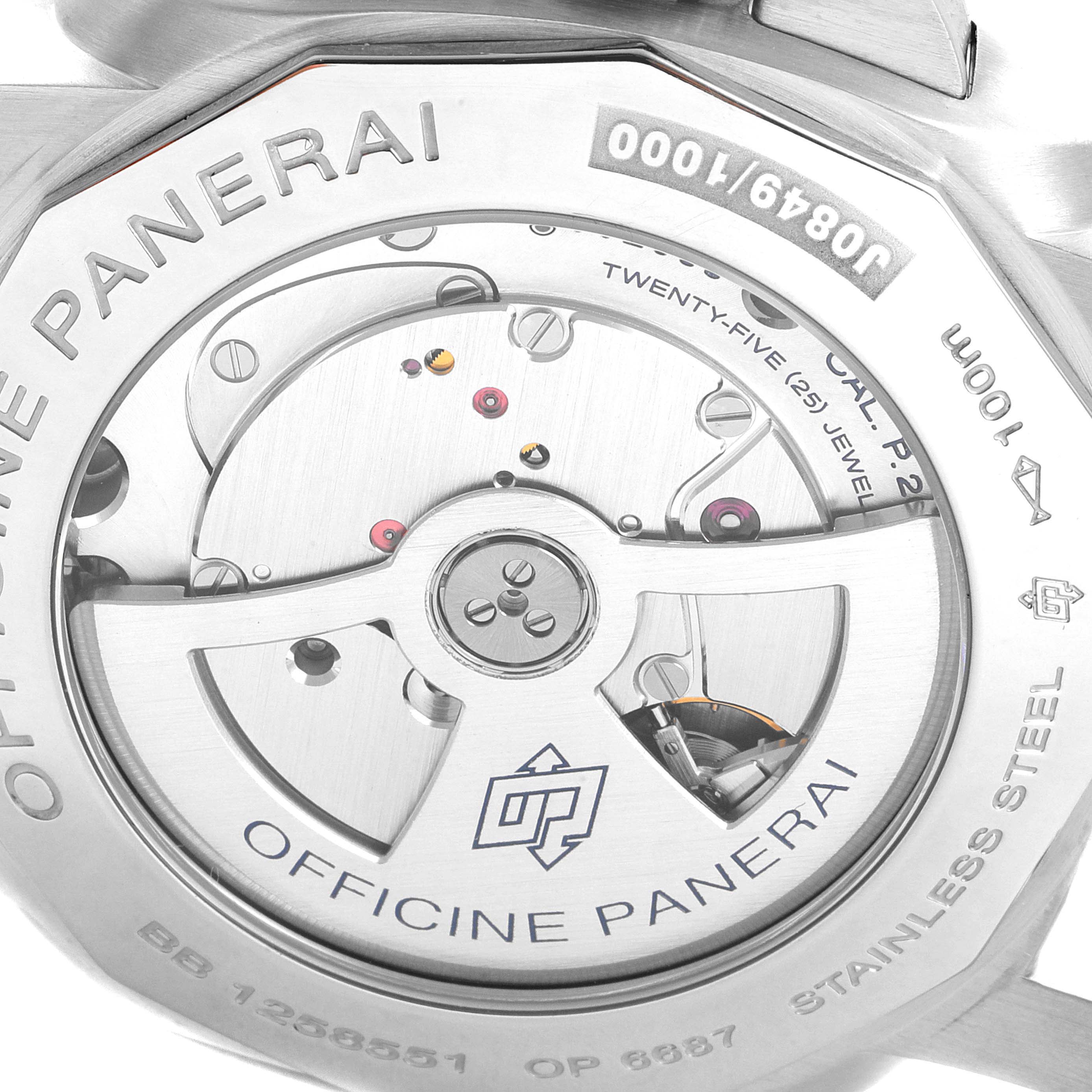 The image shows the back view of a Panerai Luminor PAM00270 Men's Stainless Steel Black Dial PAM00270 Men's Stainless Steel Black Dial watch, focusing on the movement and rotor mechanism.