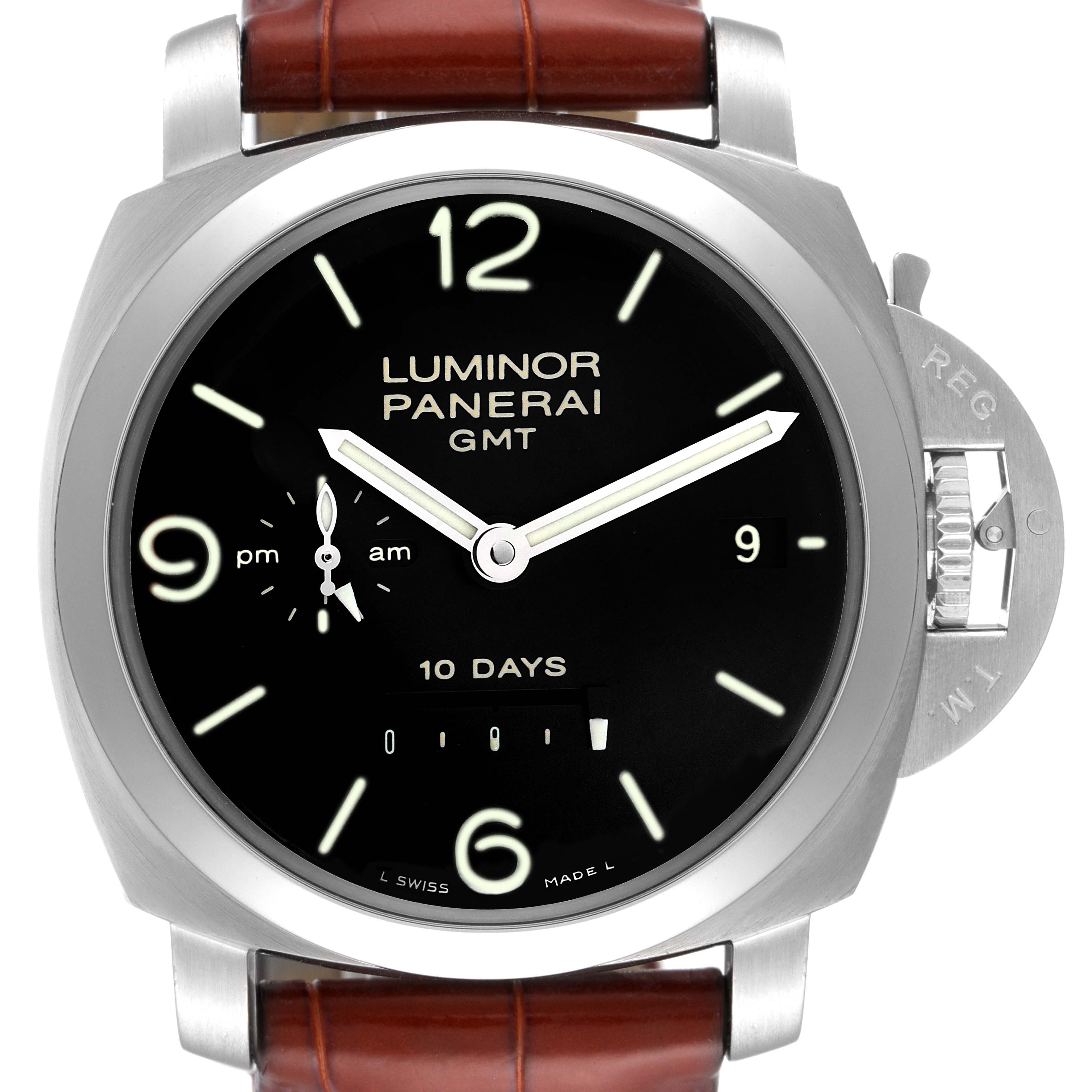 The image shows a front view of a Panerai Luminor PAM00270 Men's Stainless Steel Black Dial PAM00270 Men's Stainless Steel Black Dial GMT watch with a black dial, brown leather strap, and a visible crown guard.