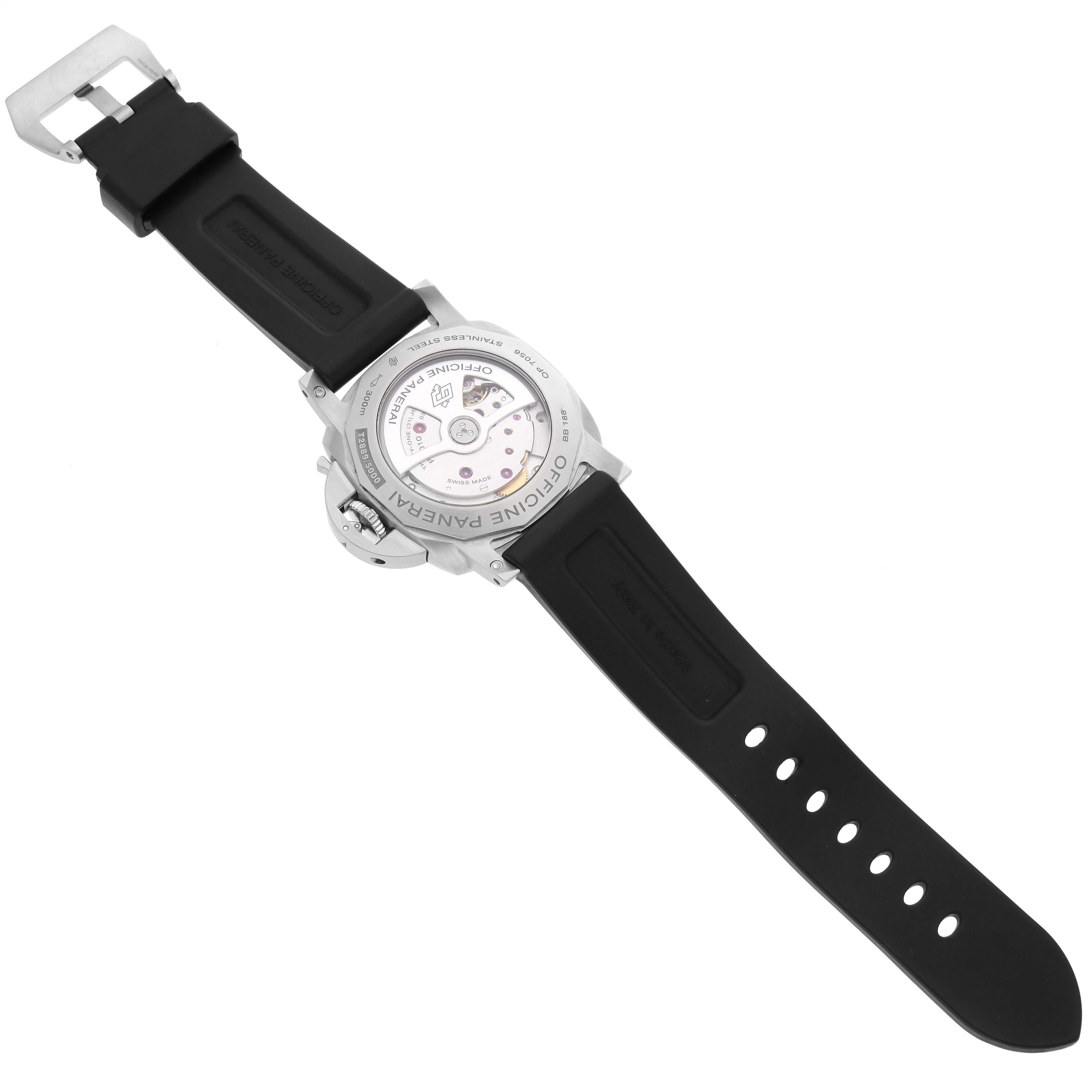 The image shows the back view of a Panerai Luminor PAM01312 Men's Stainless Steel Black Dial PAM01312 Men's Stainless Steel Black Dial watch, focusing on the movement and the black rubber strap.