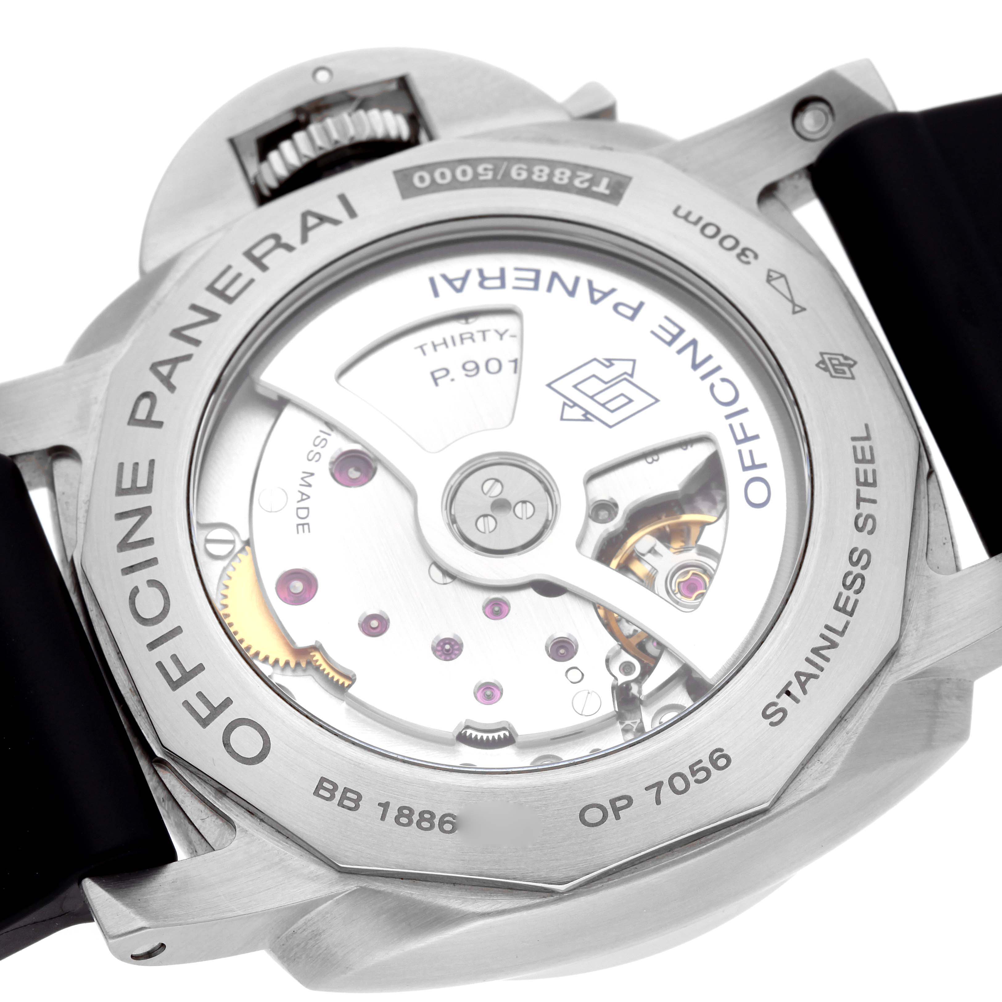 This image shows the caseback of a Panerai Luminor PAM01312 Men's Stainless Steel Black Dial PAM01312 Men's Stainless Steel Black Dial watch, revealing the internal mechanical movement.