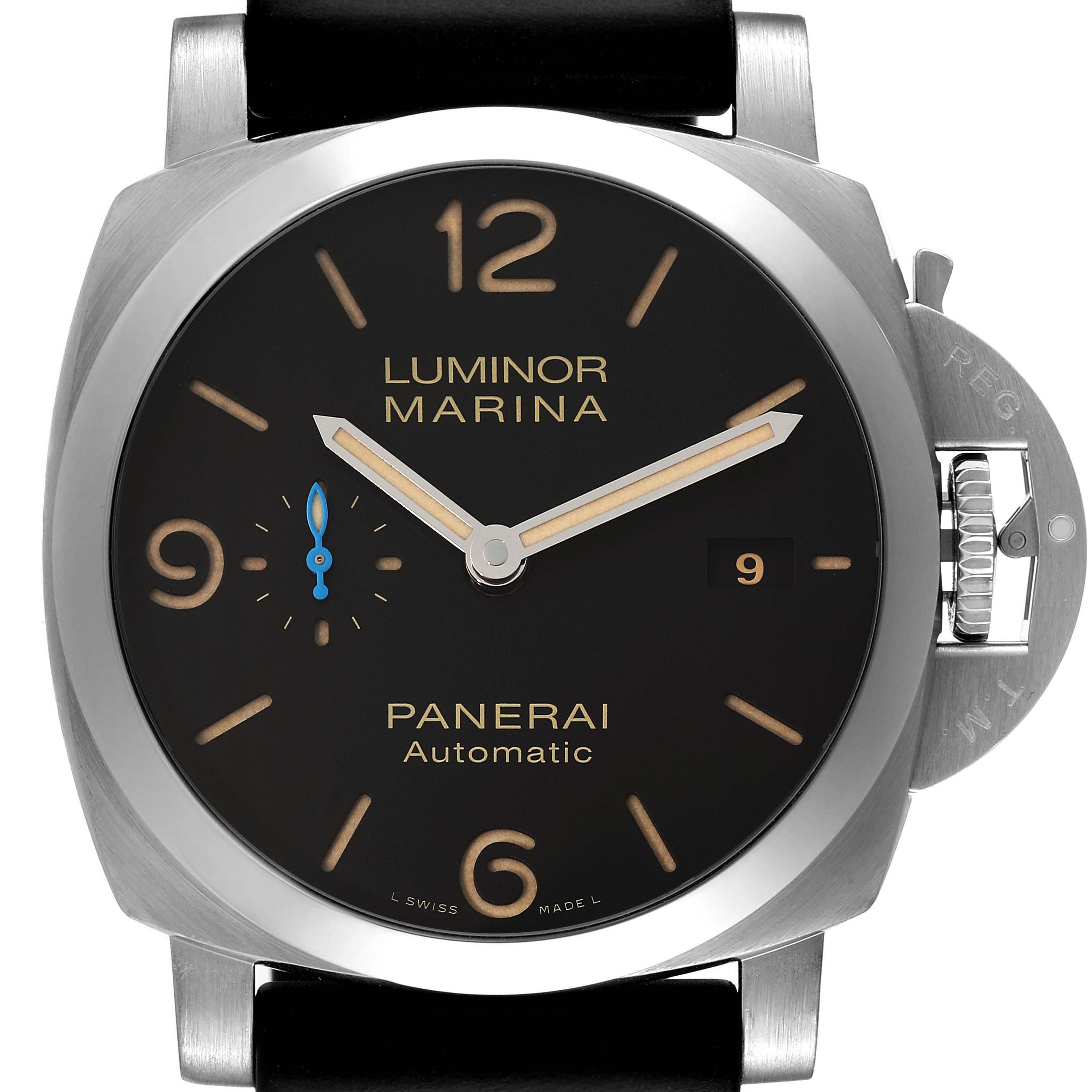 The image shows a front view of the Panerai Luminor PAM01312 Men's Stainless Steel Black Dial PAM01312 Men's Stainless Steel Black Dial Marina watch, featuring its face, crown guard, and two-watch hands.