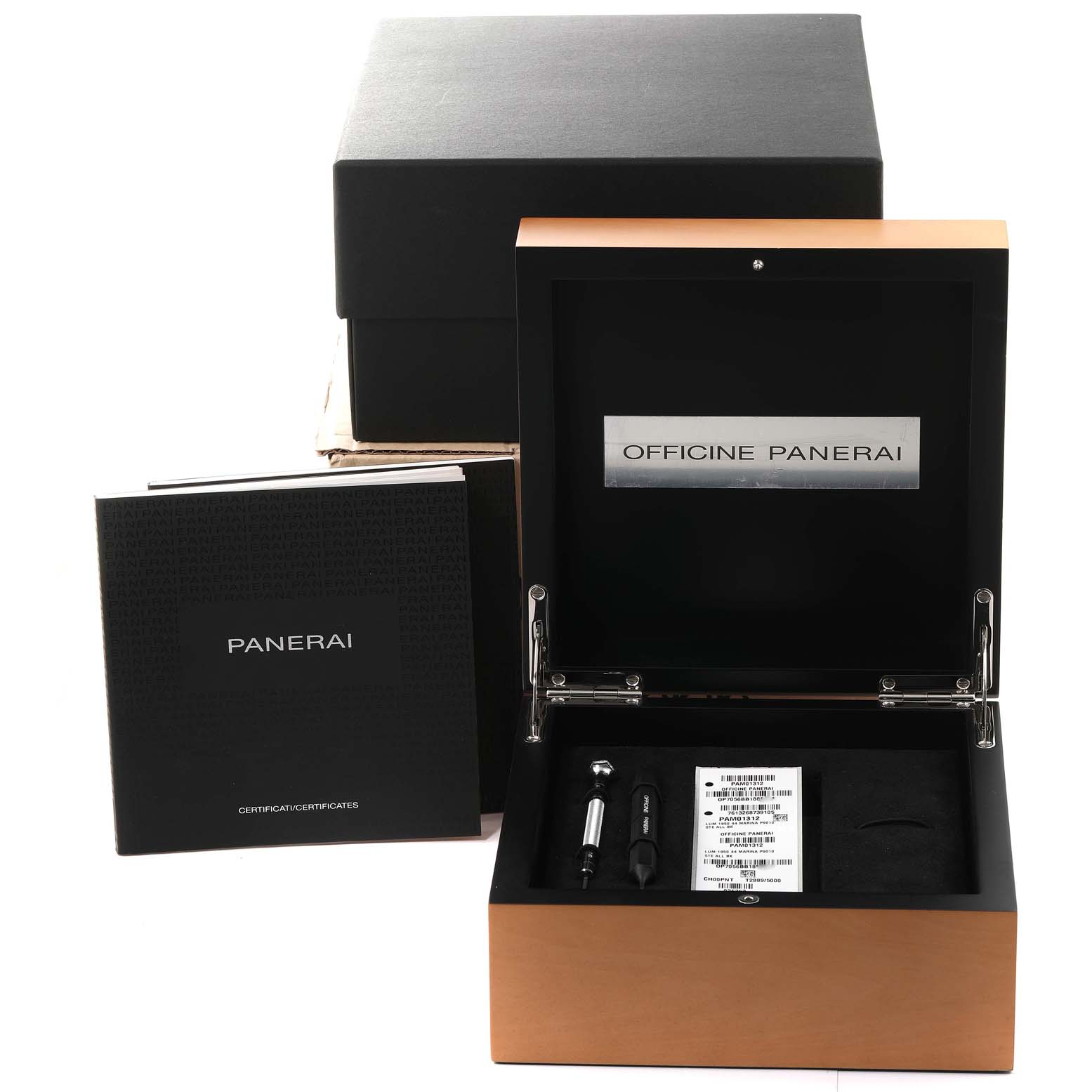 This image shows the Panerai Luminor PAM01312 Men's Stainless Steel Black Dial PAM01312 Men's Stainless Steel Black Dial watch packaging, including the box, certificates, and tools from a front angle.
