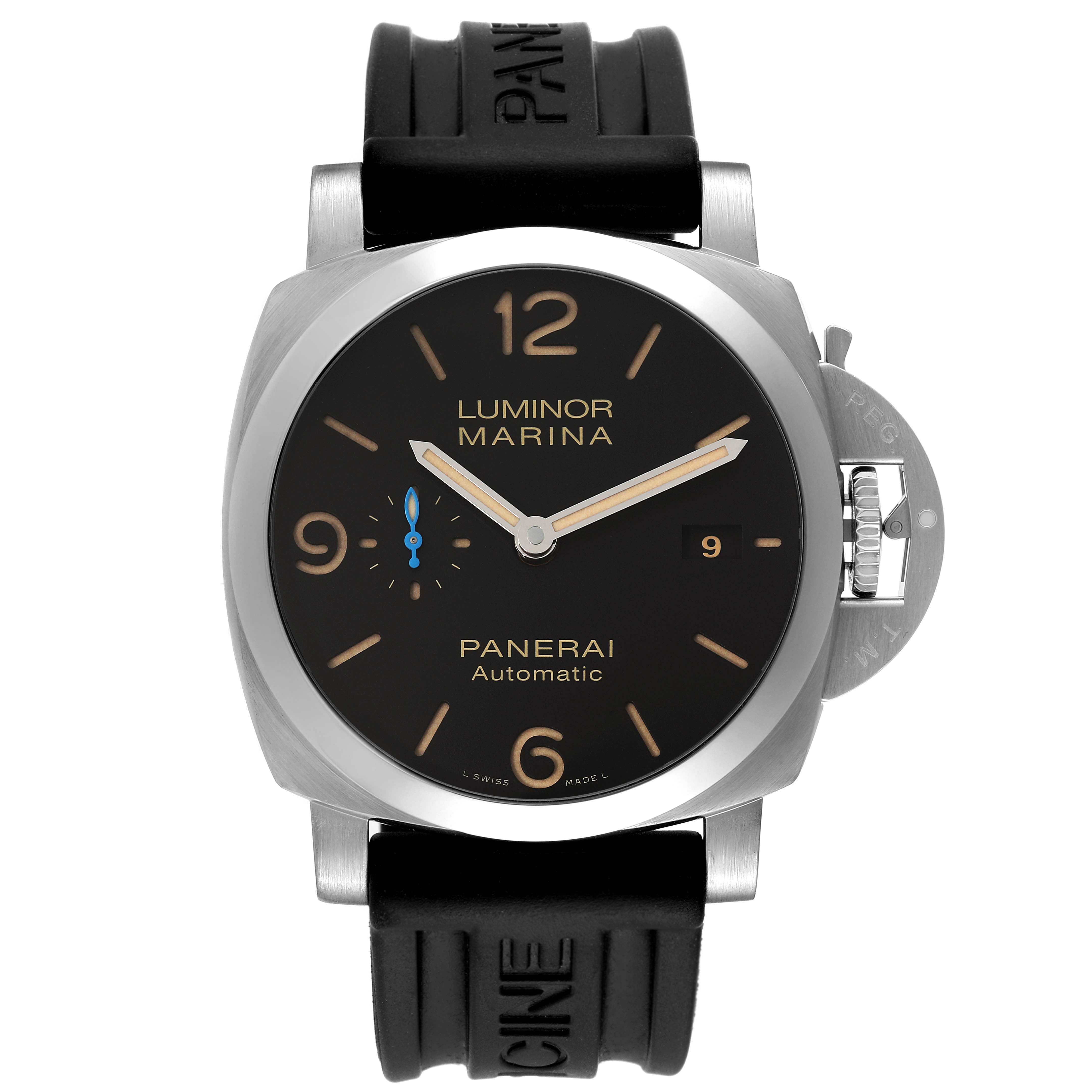 This image shows a front view of a Panerai Luminor PAM01312 Men's Stainless Steel Black Dial PAM01312 Men's Stainless Steel Black Dial Marina watch, highlighting its face, bezel, and strap.