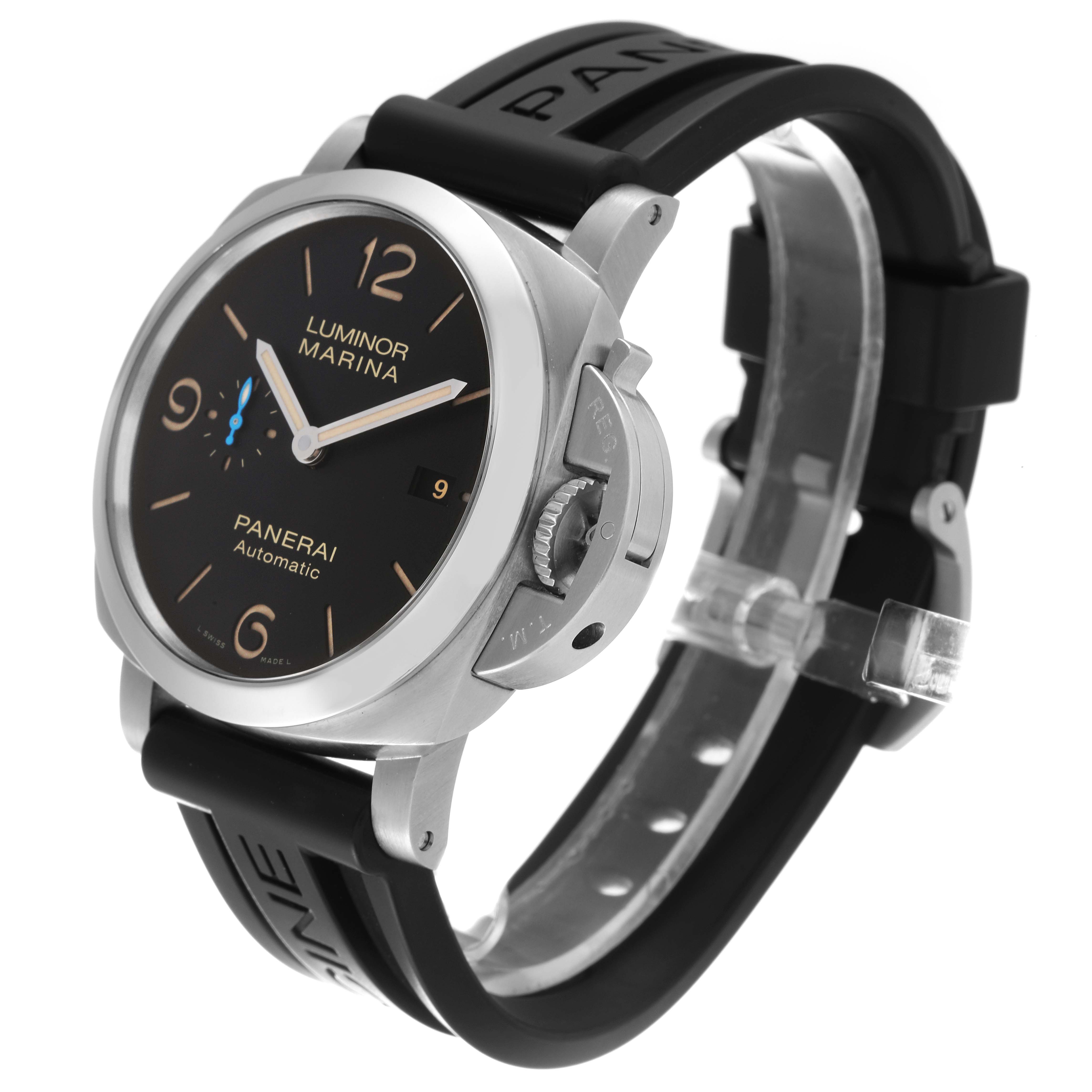 The image shows a Panerai Luminor PAM01312 Men's Stainless Steel Black Dial PAM01312 Men's Stainless Steel Black Dial Marina watch in a three-quarter angle, highlighting the face, strap, and crown guard.