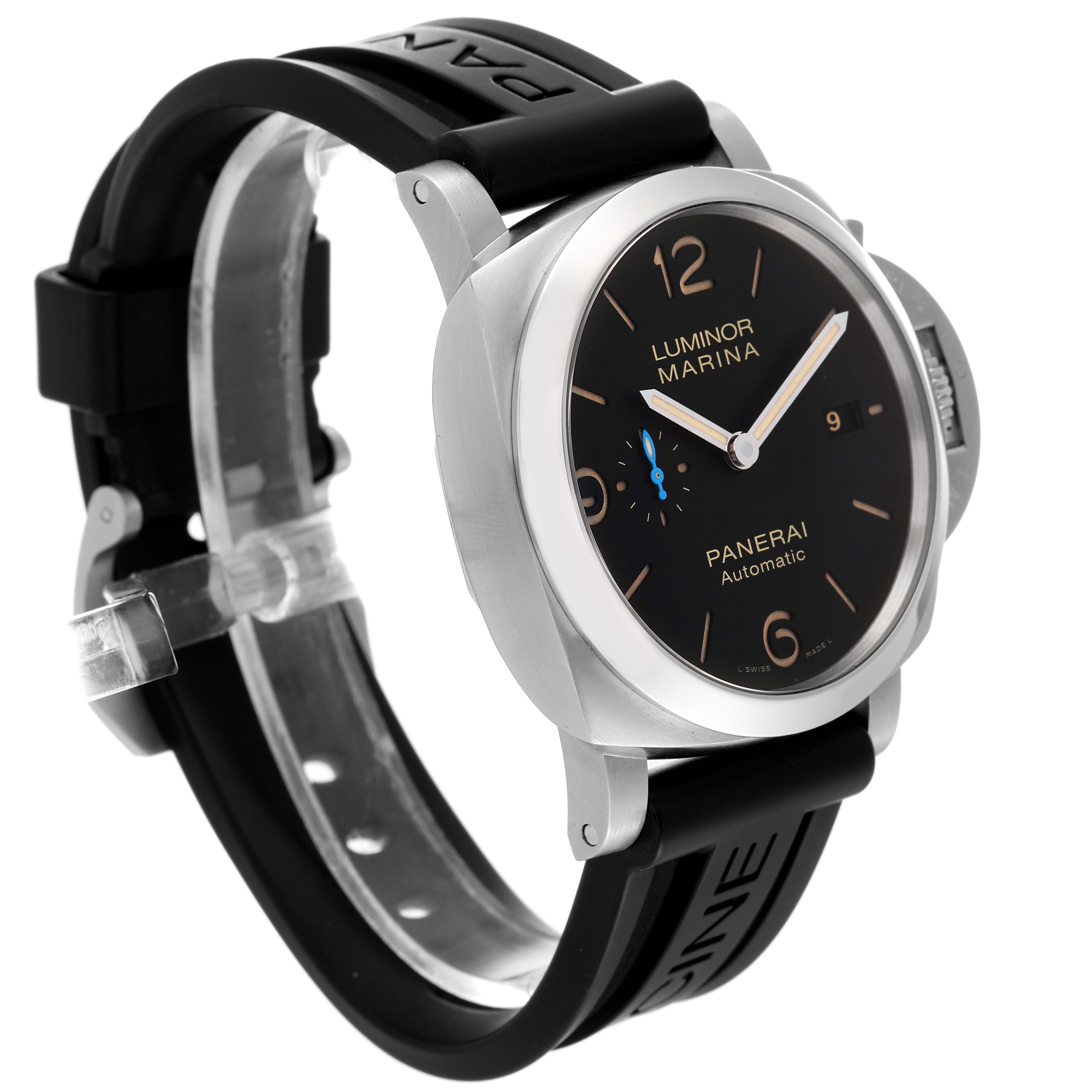 The Panerai Luminor PAM01312 Men's Stainless Steel Black Dial PAM01312 Men's Stainless Steel Black Dial watch is shown at a slight angle from the right side, highlighting the dial, case, and strap.